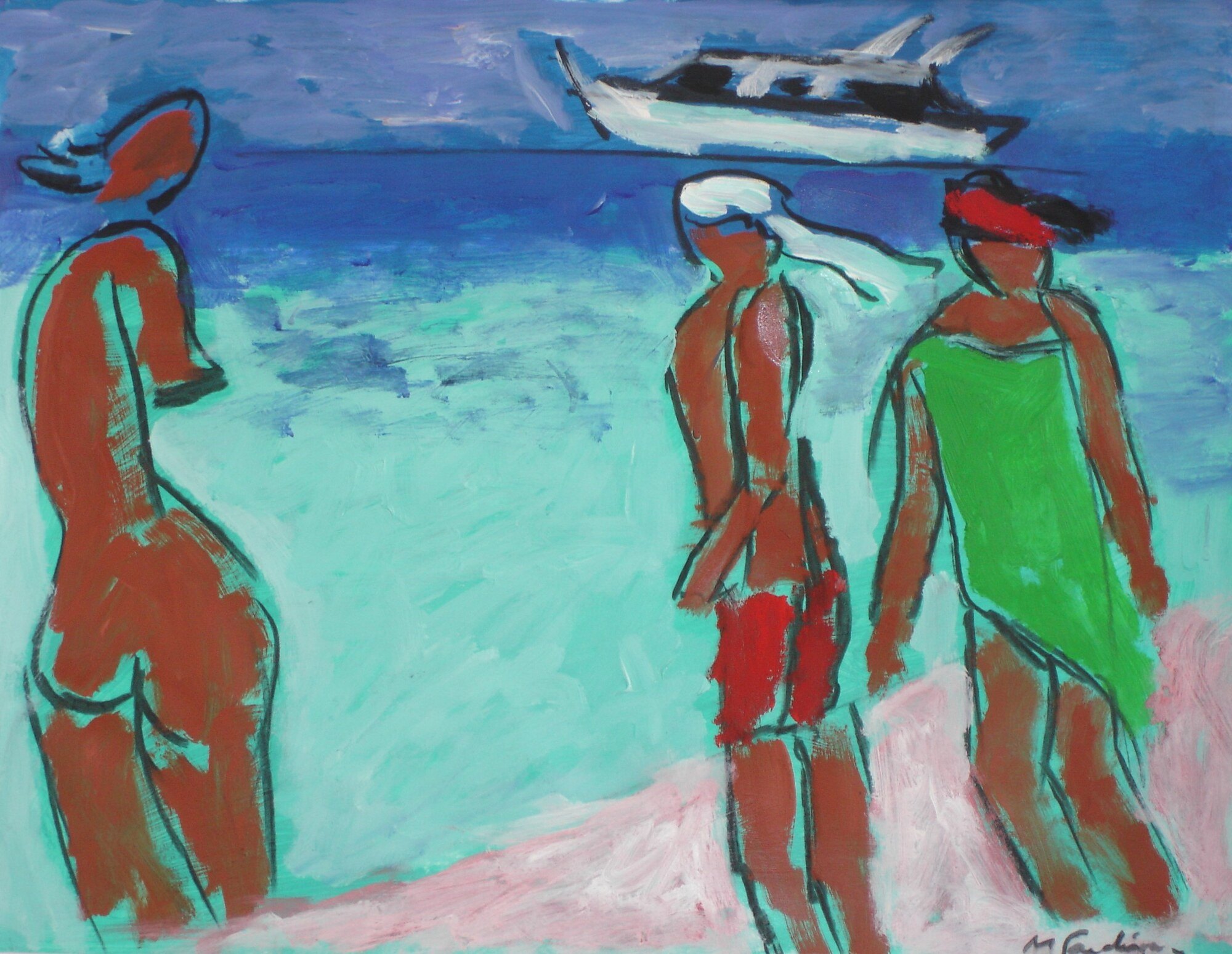 Trois figures brunes dans une eau turquoise devant un yacht blanc, short rouge et robe verte, peinture de Marc Sardina