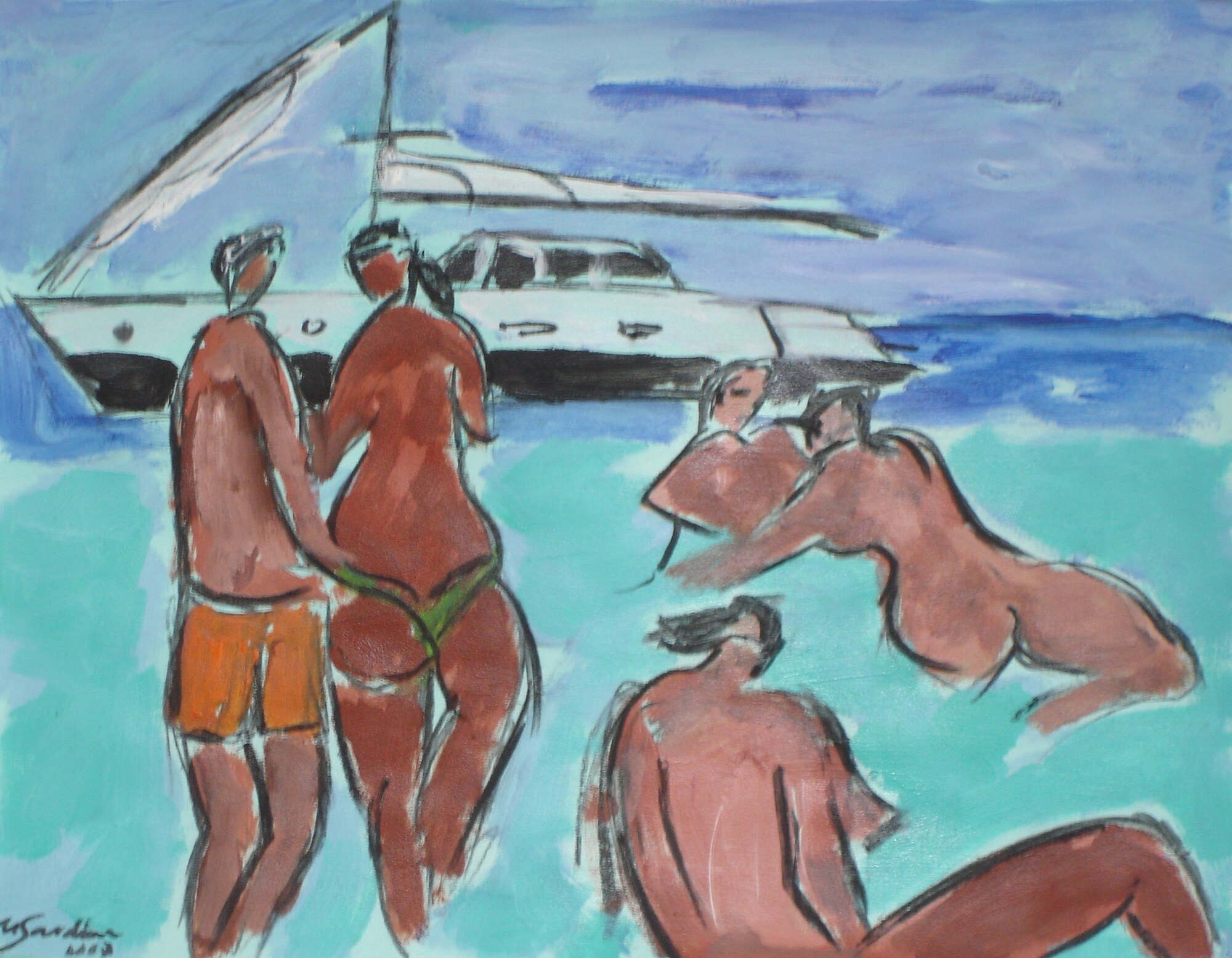 Couple de dos devant un voilier blanc, baigneuses allongees sur mer turquoise et ciel lavande, peinture de Marc Sardina