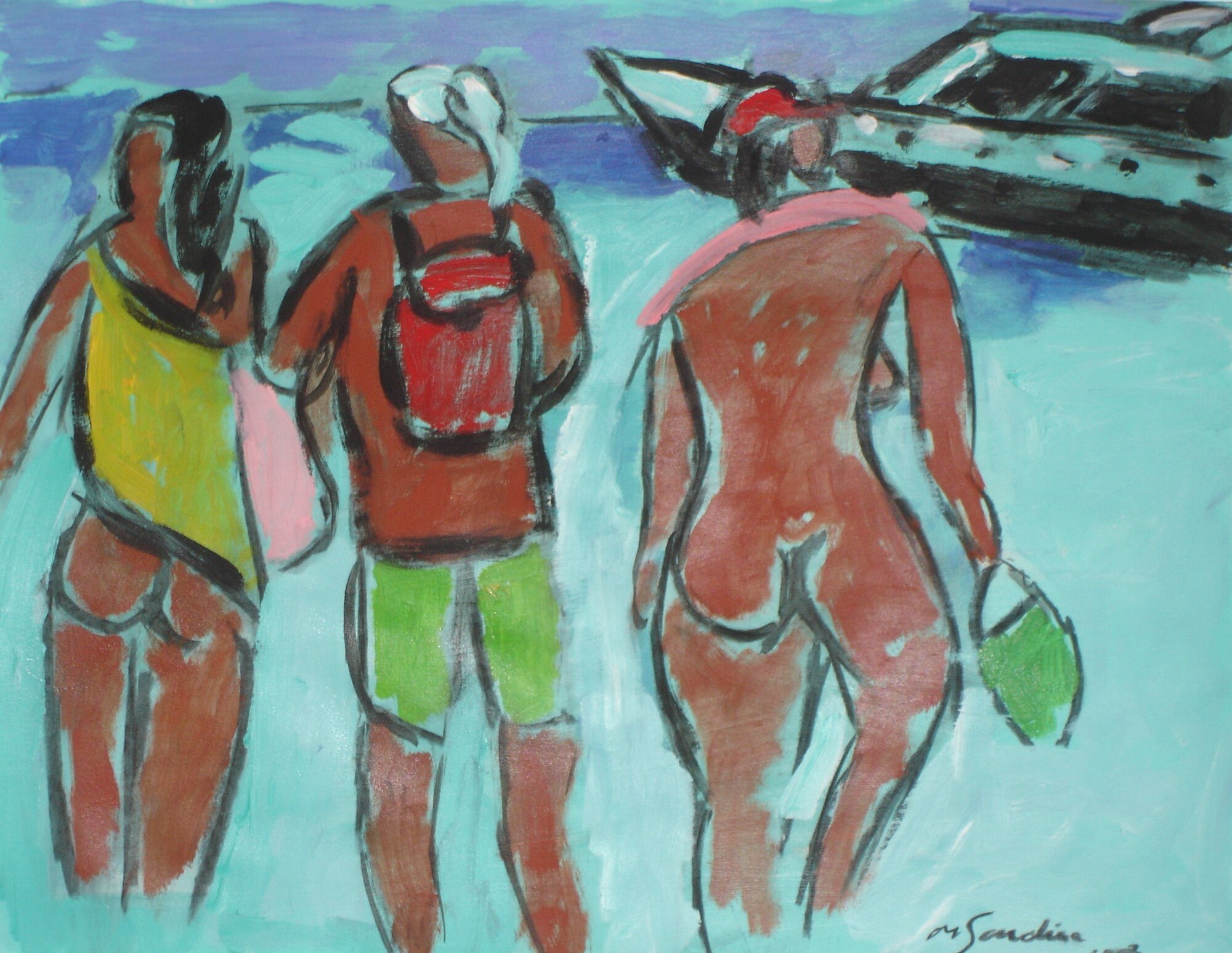 Trois baigneurs de dos dans une eau turquoise, sac a dos rouge et maillot jaune, yacht a droite, peinture de Marc Sardina