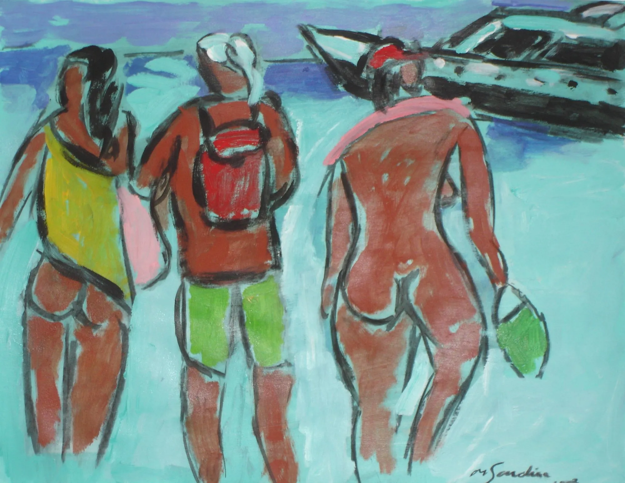 Trois baigneurs de dos dans une eau turquoise, sac a dos rouge et maillot jaune, yacht a droite, peinture de Marc Sardina