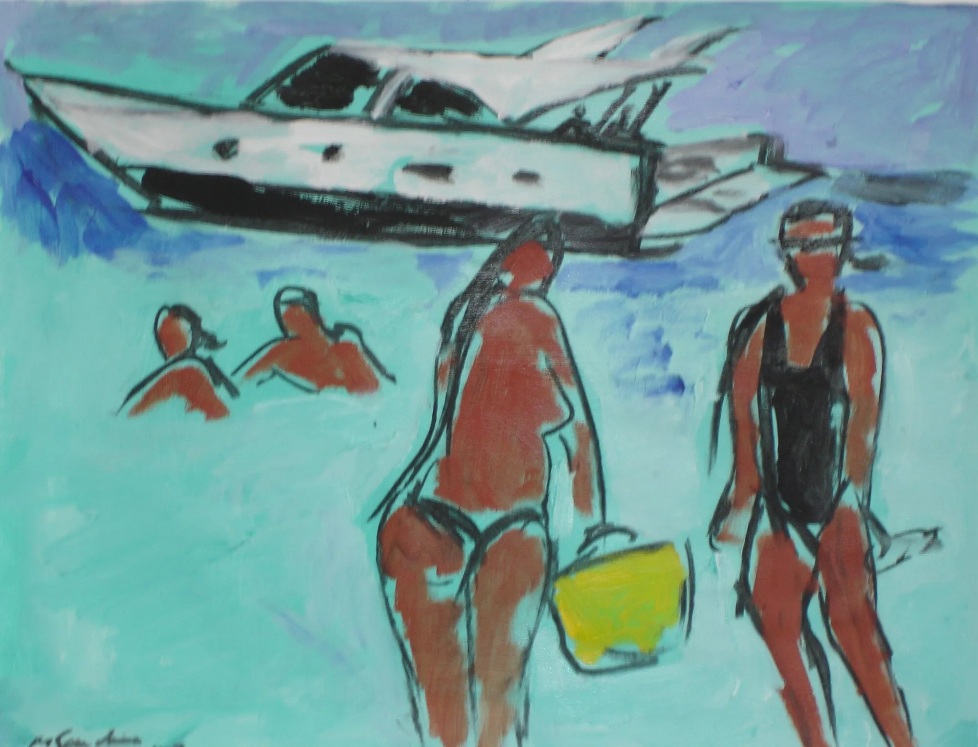 Deux baigneuses sortant d'une eau vert turquoise, seau jaune et maillot noir, grand yacht blanc derriere, peinture de Marc Sardina