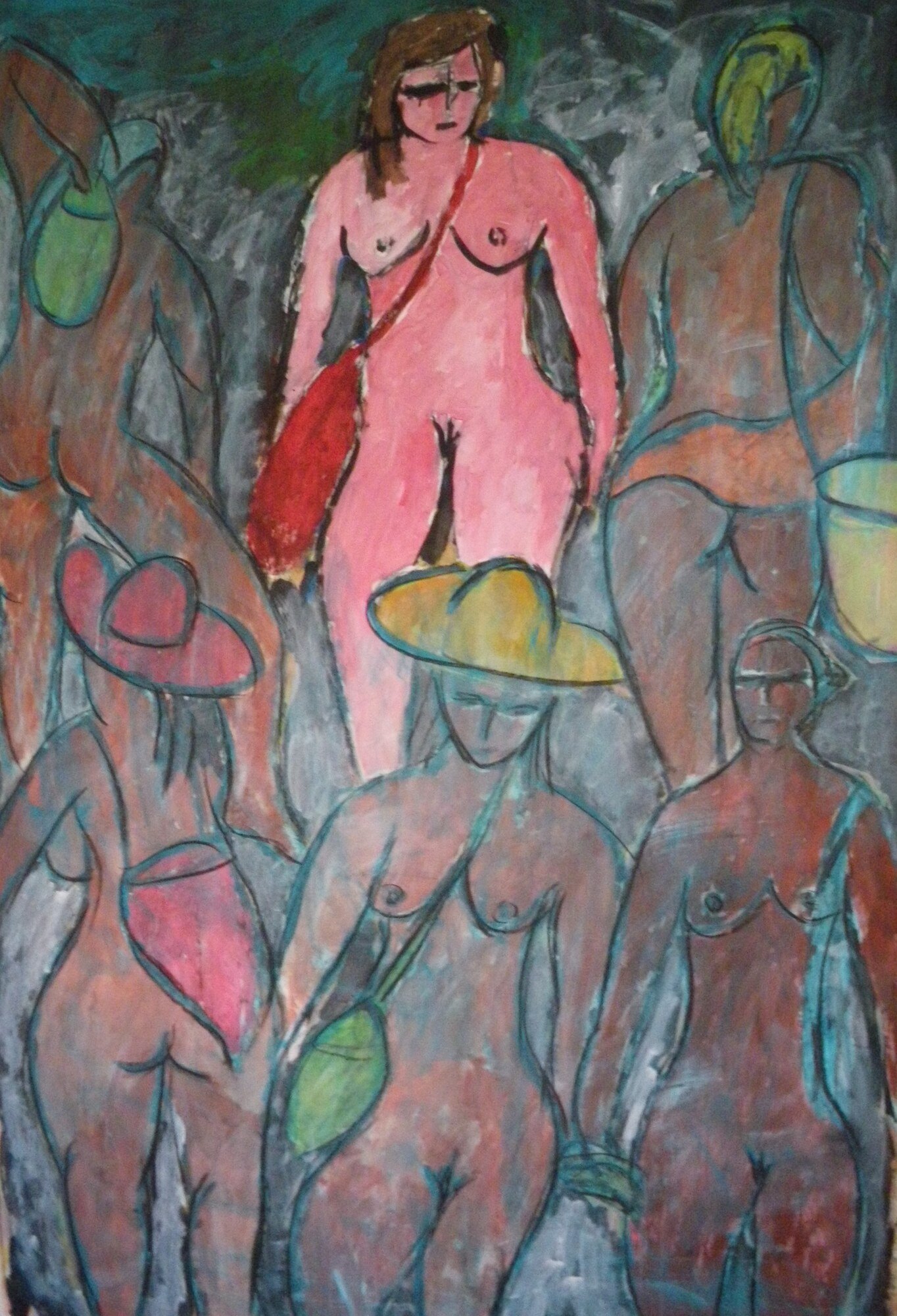 Six femmes nues aux chapeaux rouge et jaune et sacs verts, figure centrale rose, fond vert sombre, peinture de Marc Sardina