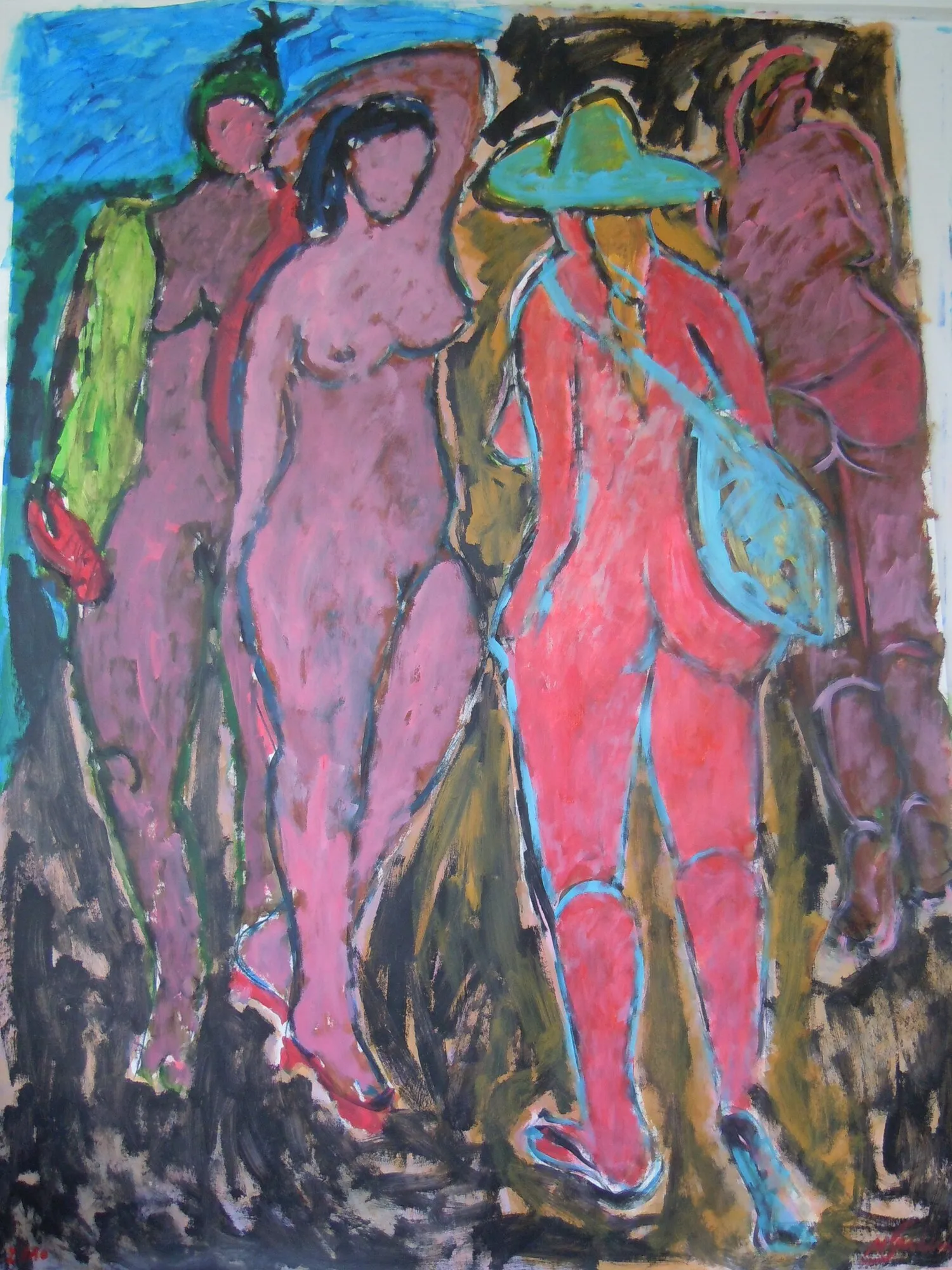 Quatre femmes nues mauves et rouge, chapeau et sac turquoise, fond brun et ciel bleu, peinture sur papier de Marc Sardina