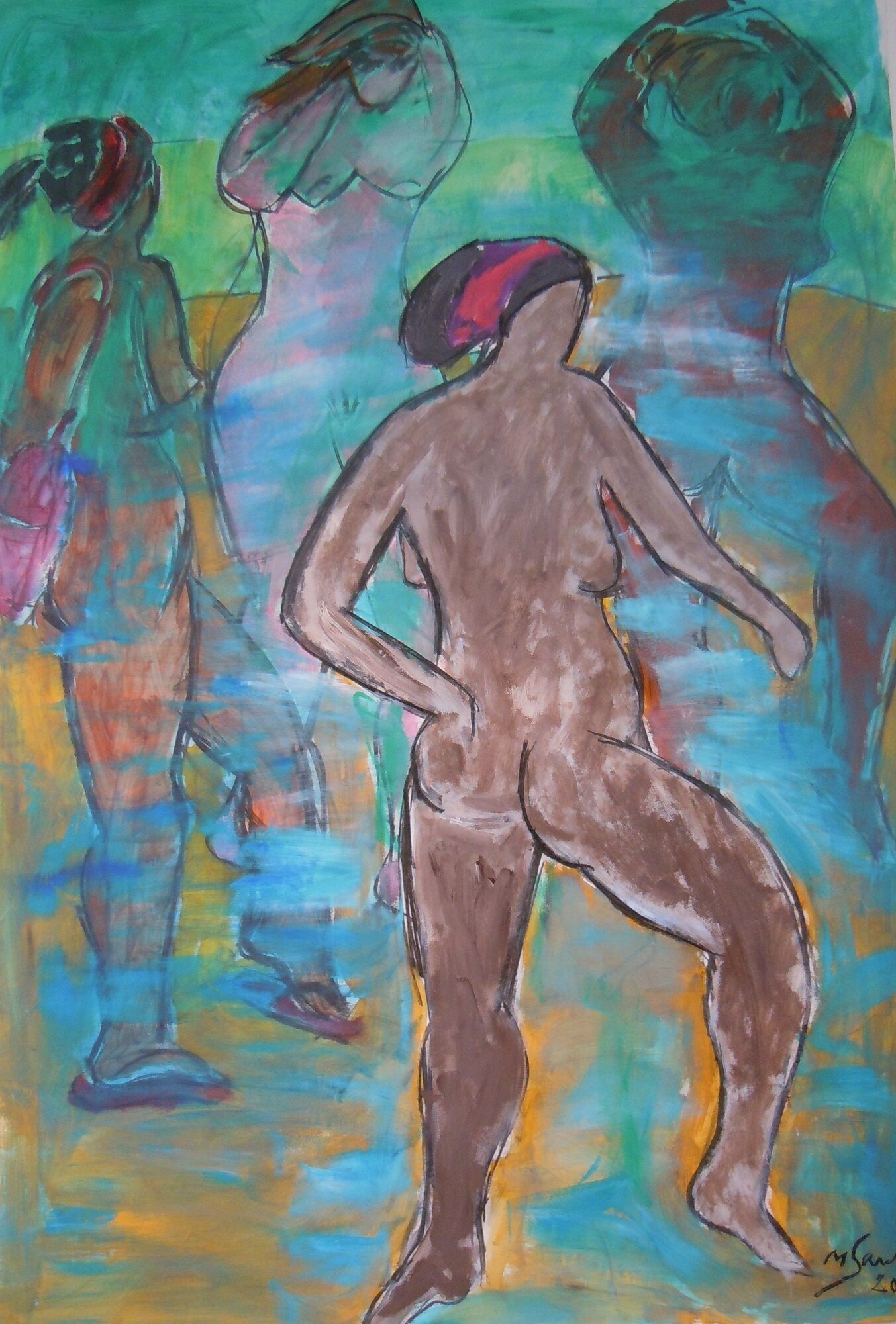 Femme nue brune de dos au bandeau rouge, baigneuses esquissees derriere, fond vert et bleu, peinture de Marc Sardina
