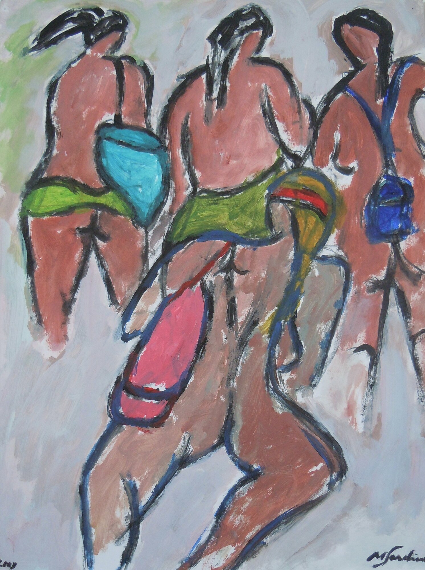 Quatre baigneuses de dos en bas de maillot vert avec sacs turquoise, rose et bleu, fond gris clair, peinture de Marc Sardina