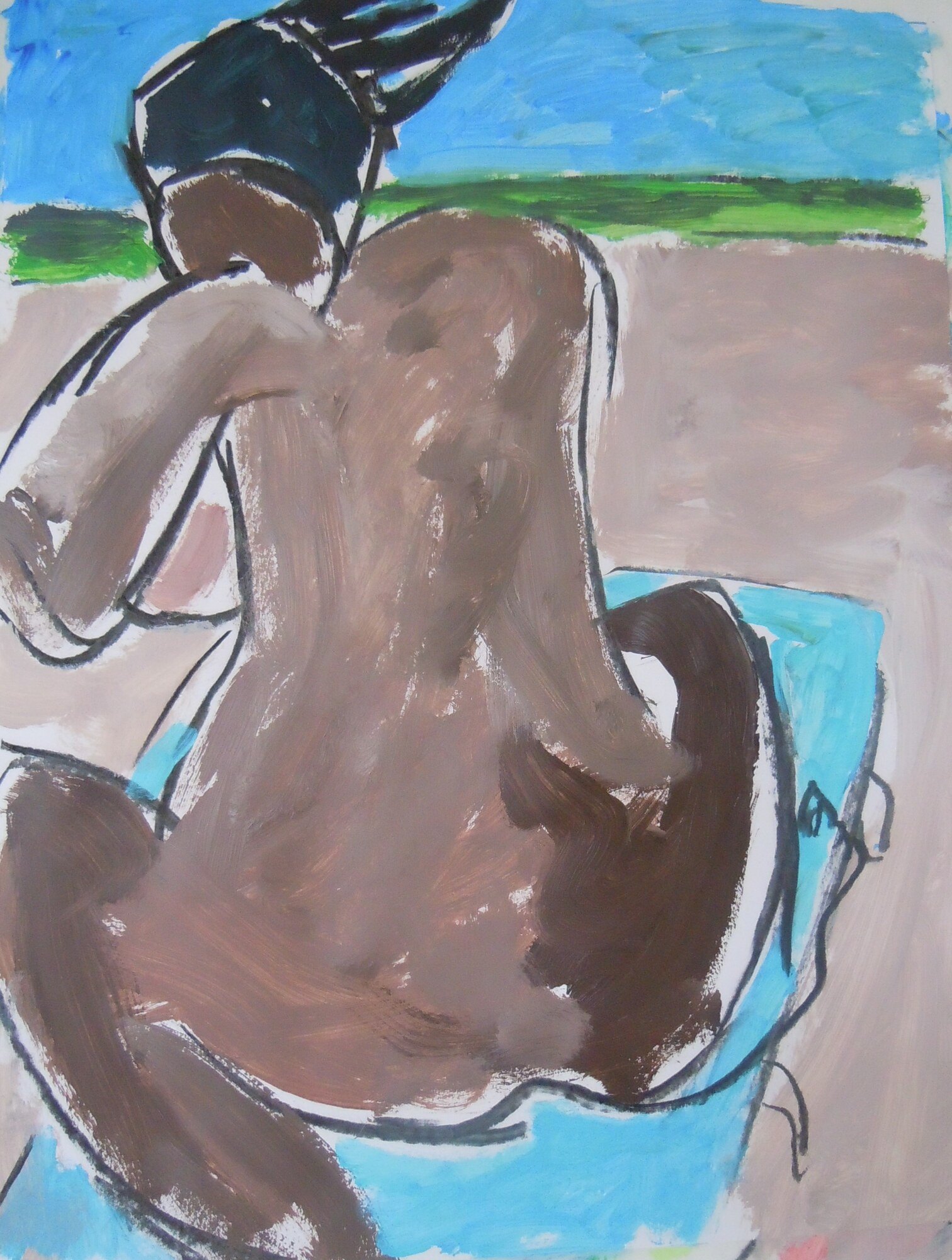 Femme nue brune assise de dos sur une serviette turquoise, sable rose, mer verte et ciel bleu, peinture de Marc Sardina