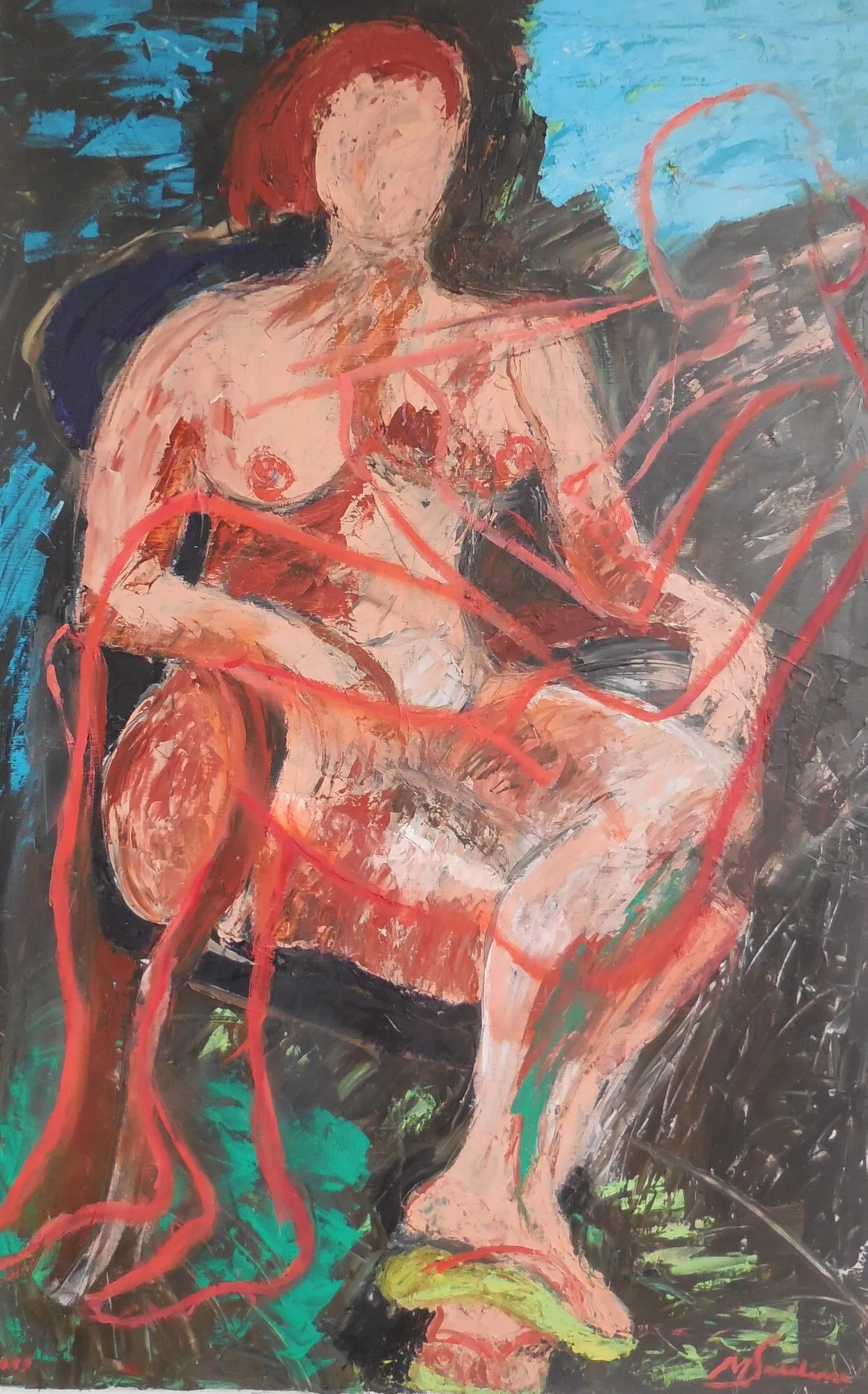 Femme nue rousse assise, corps rose aux lignes rouges, fond noir et bleu, sandales jaunes, peinture de Marc Sardina