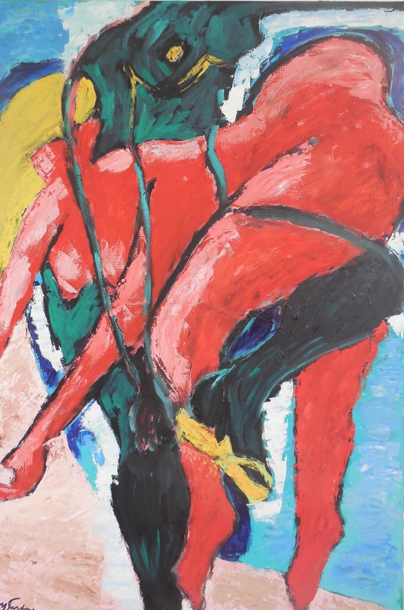 Figure nue rouge penchee en avant, jambes vert sombre, noeud jaune, fond bleu et sol rose, peinture de Marc Sardina