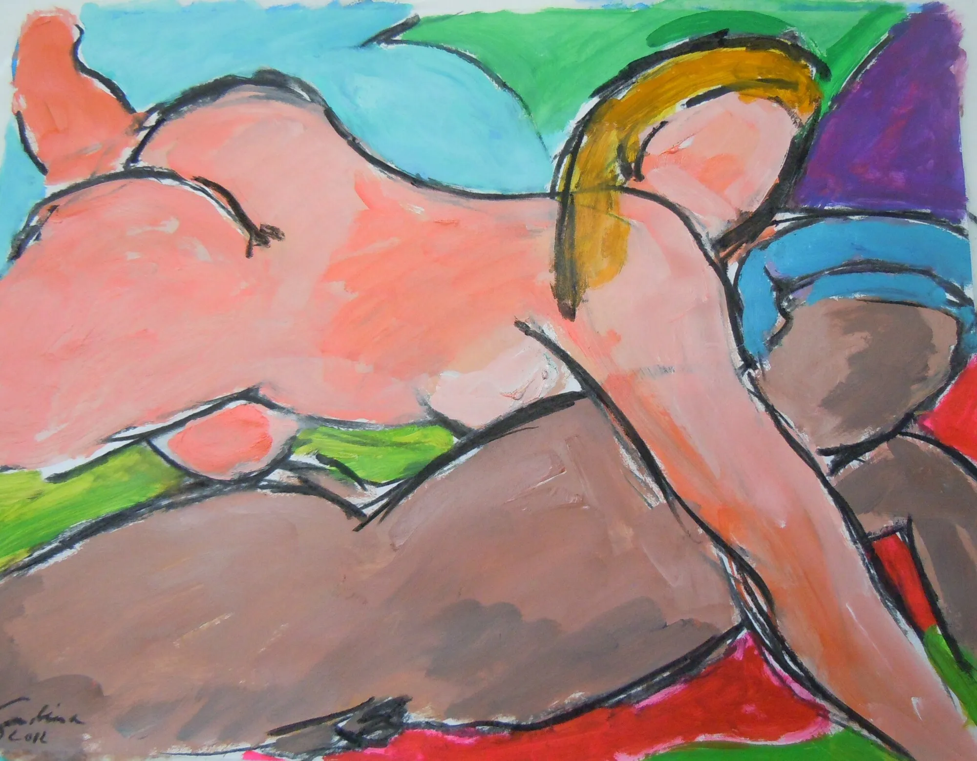 Femme nue blonde allongee sur le cote, corps rose, second corps brun devant, fond vert, bleu et rouge, peinture de Marc Sardina