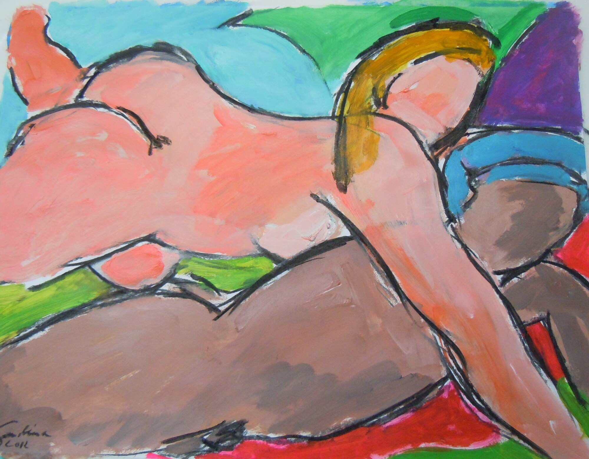 Femme nue blonde allongee sur le cote, corps rose, second corps brun devant, fond vert, bleu et rouge, peinture de Marc Sardina