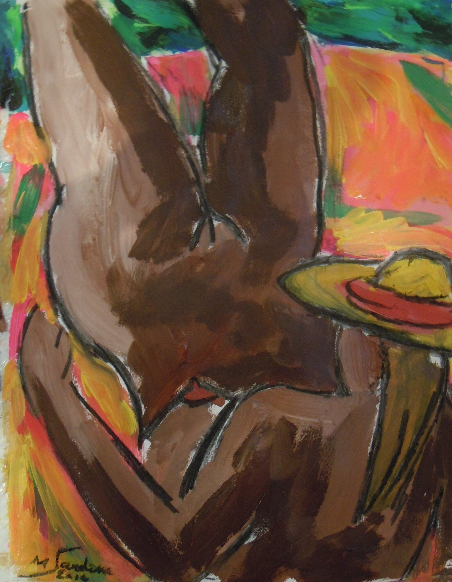 Corps nu brun cadre de pres avec un chapeau jaune a ruban rouge, fond orange, rose et vert, peinture de Marc Sardina