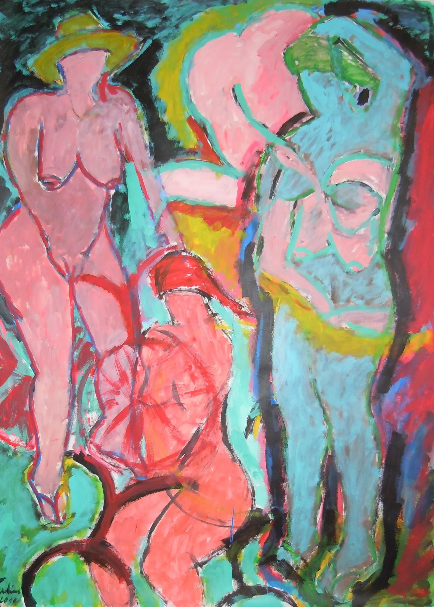 Trois femmes nues rose, rouge et turquoise, l'une a velo, chapeau jaune, fond noir et vert, peinture de Marc Sardina