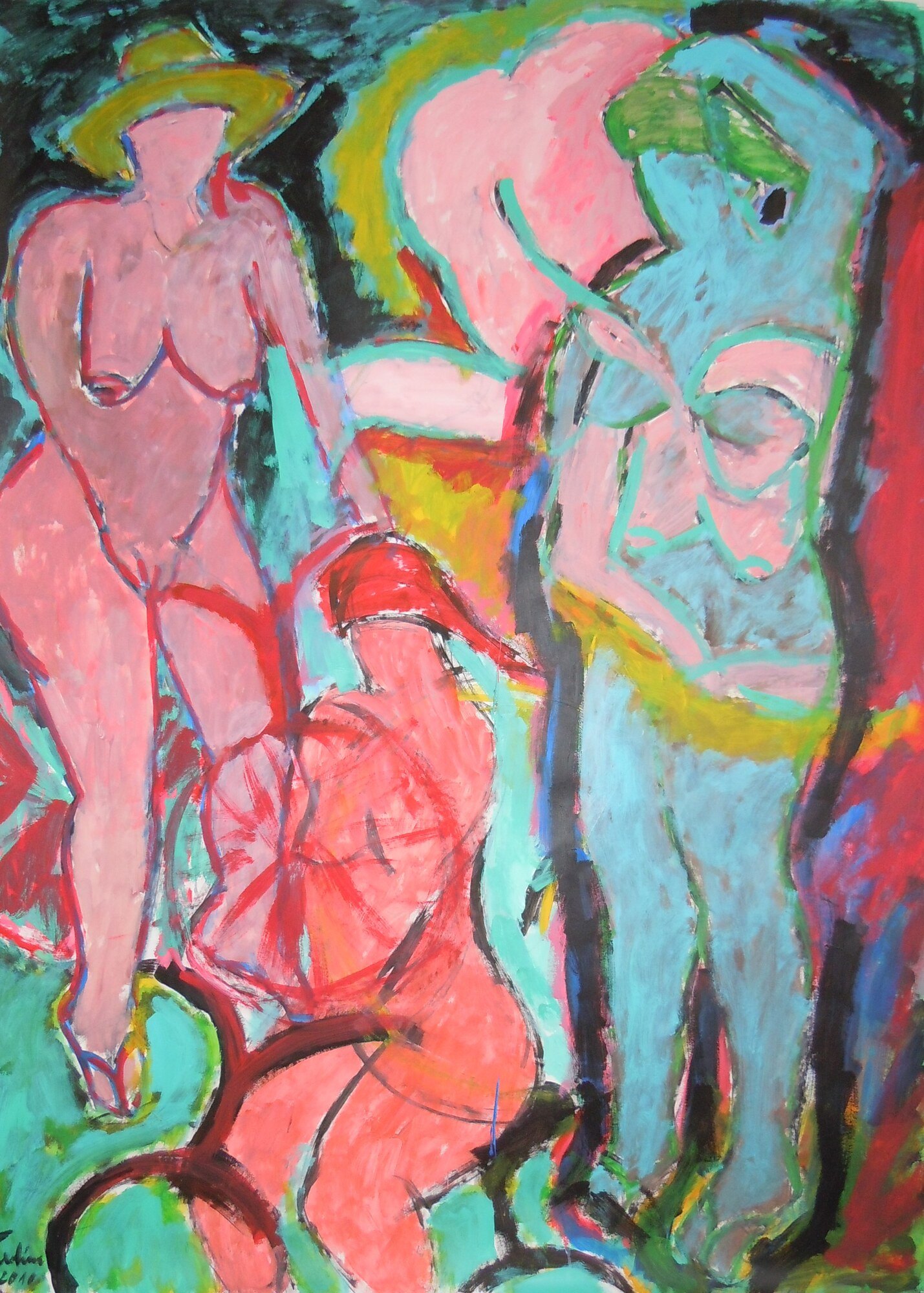 Trois femmes nues rose, rouge et turquoise, l'une a velo, chapeau jaune, fond noir et vert, peinture de Marc Sardina