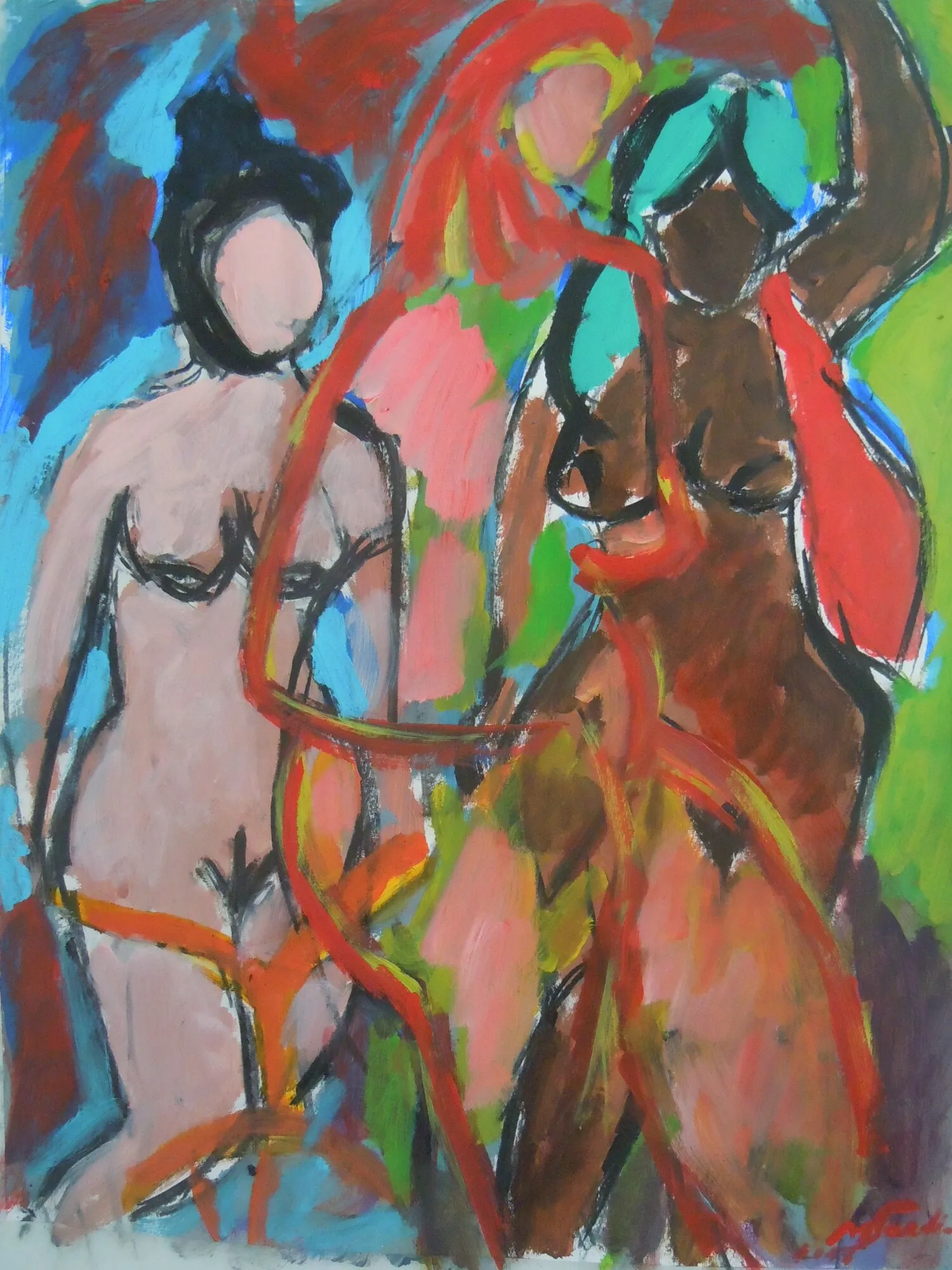 Trois femmes nues rose et brune, foulard rouge et cheveux turquoise, fond bleu, rouge et vert, peinture de Marc Sardina