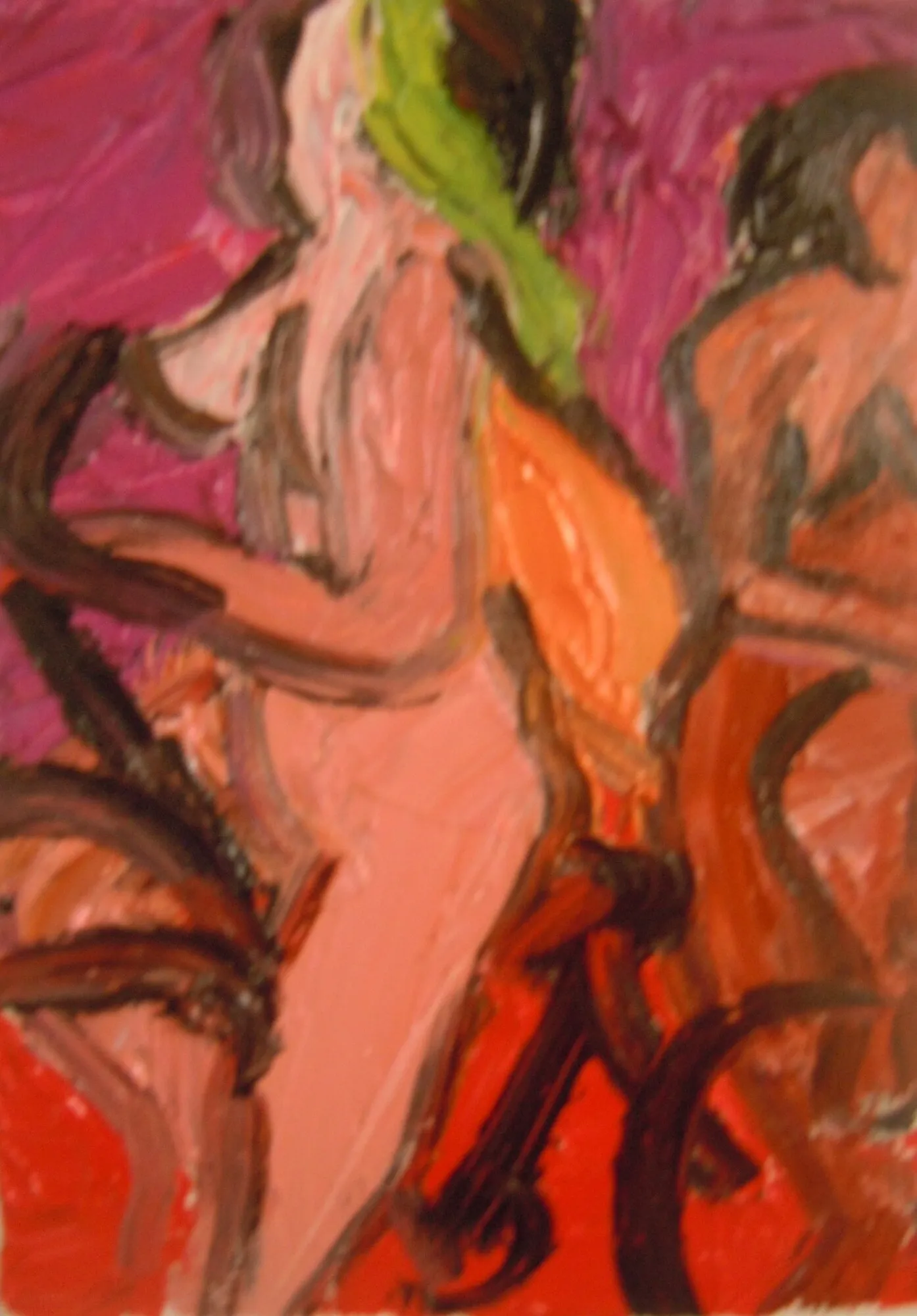Deux femmes nues roses a bicyclette, fond magenta et violet, sol rouge, pate epaisse, peinture de Marc Sardina