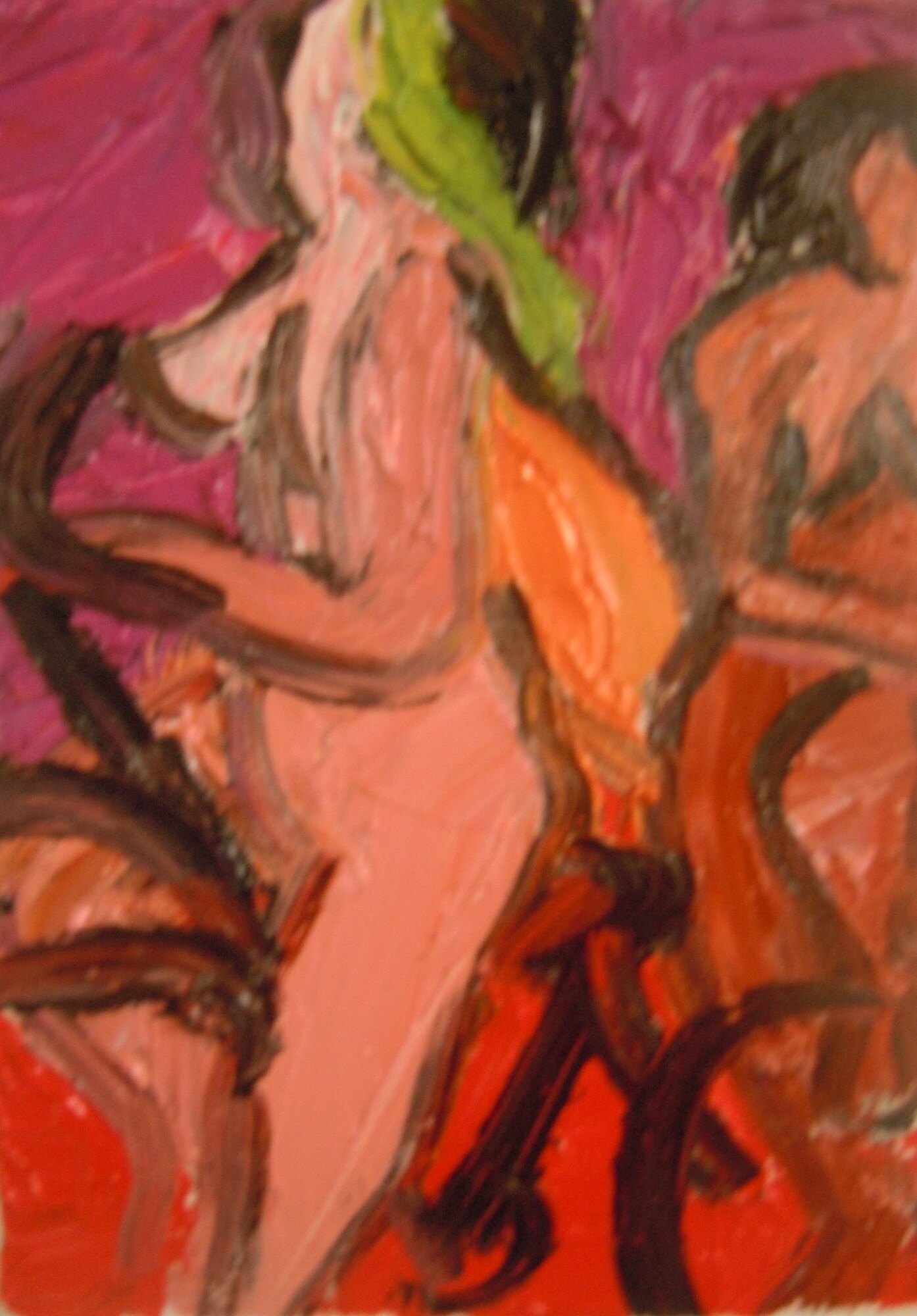 Deux femmes nues roses a bicyclette, fond magenta et violet, sol rouge, pate epaisse, peinture de Marc Sardina
