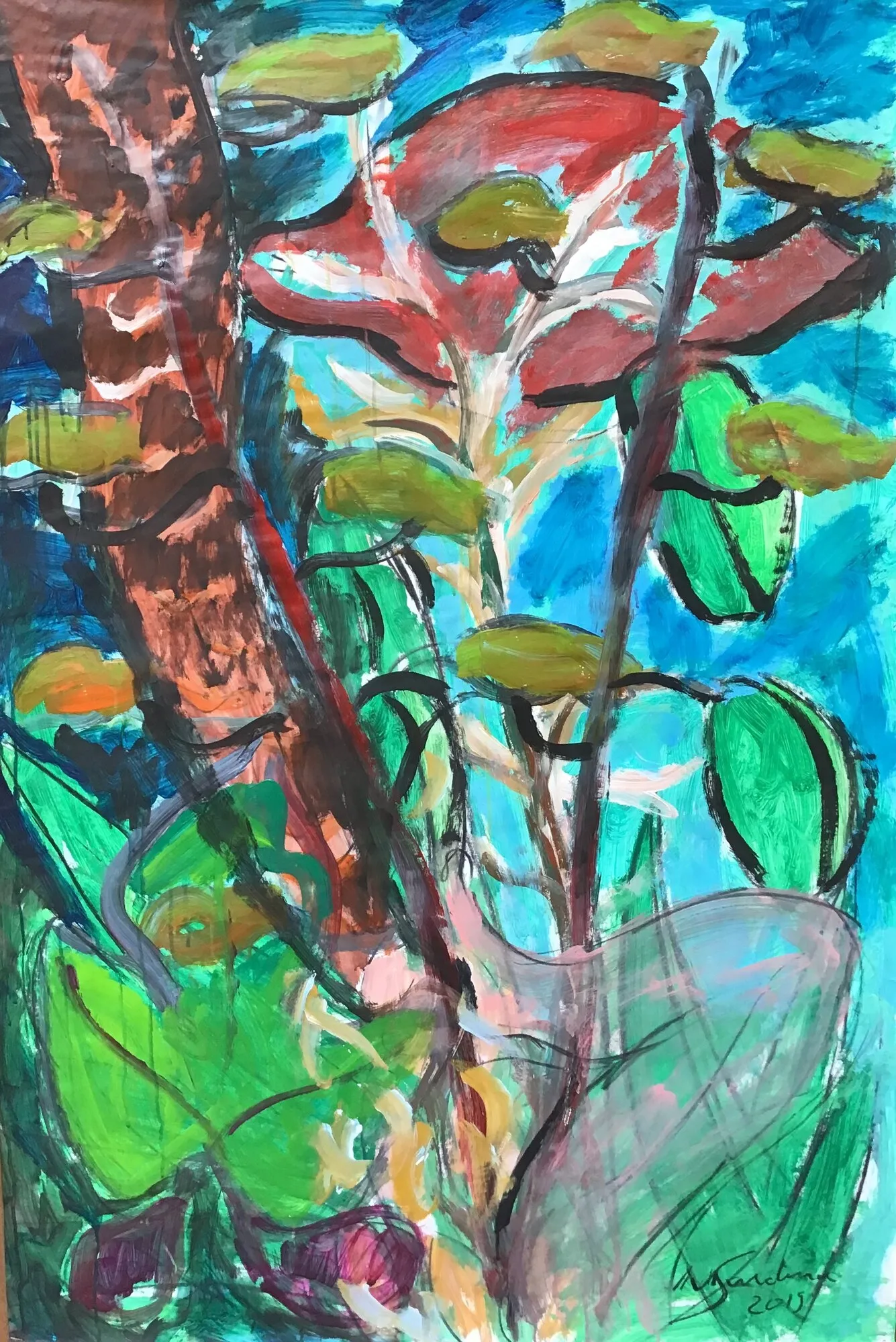Arbre au feuillage rouge et tronc brun sur ciel bleu turquoise, verts vifs au premier plan, peinture de Marc Sardina