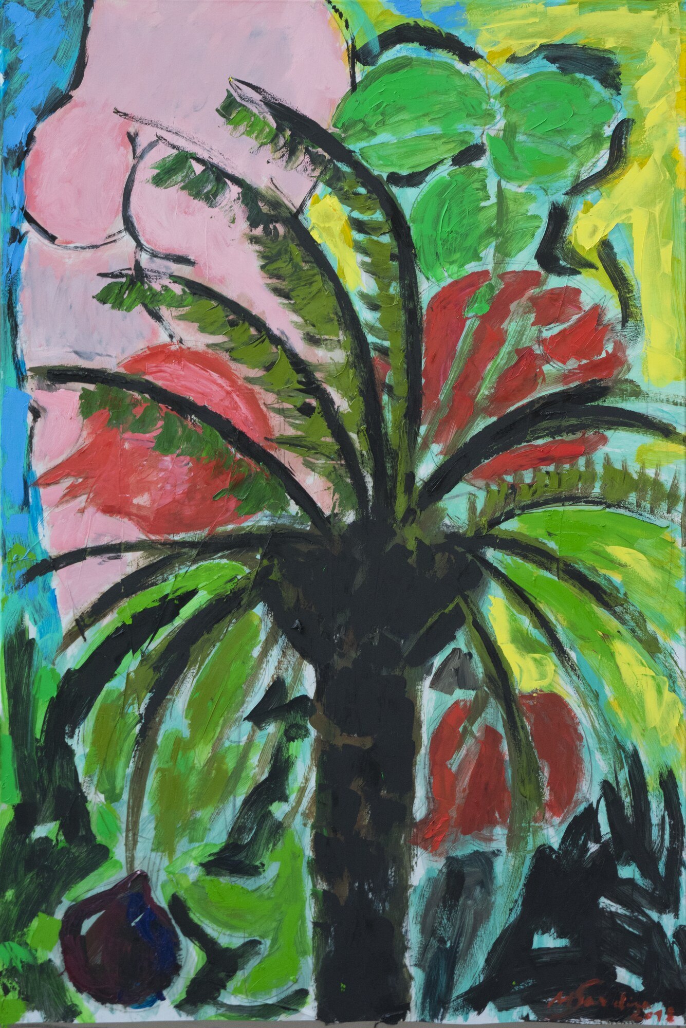 Nu féminin rose derrière un palmier noir aux palmes vertes et rouges, fond bleu et jaune, peinture de Marc Sardina