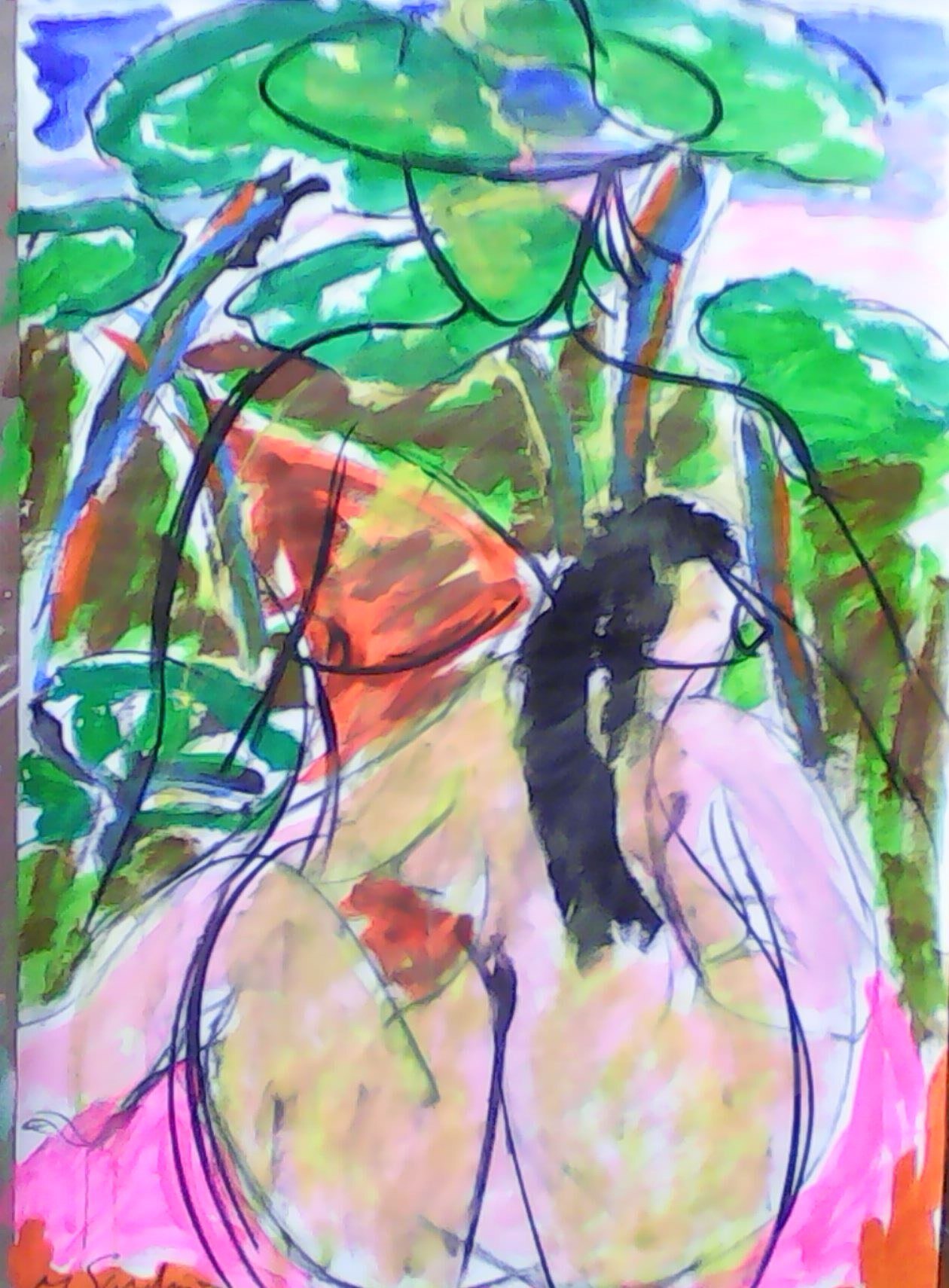 Femme nue au grand chapeau vert et cheveux noirs devant un feuillage vert, sol rose, peinture de Marc Sardina