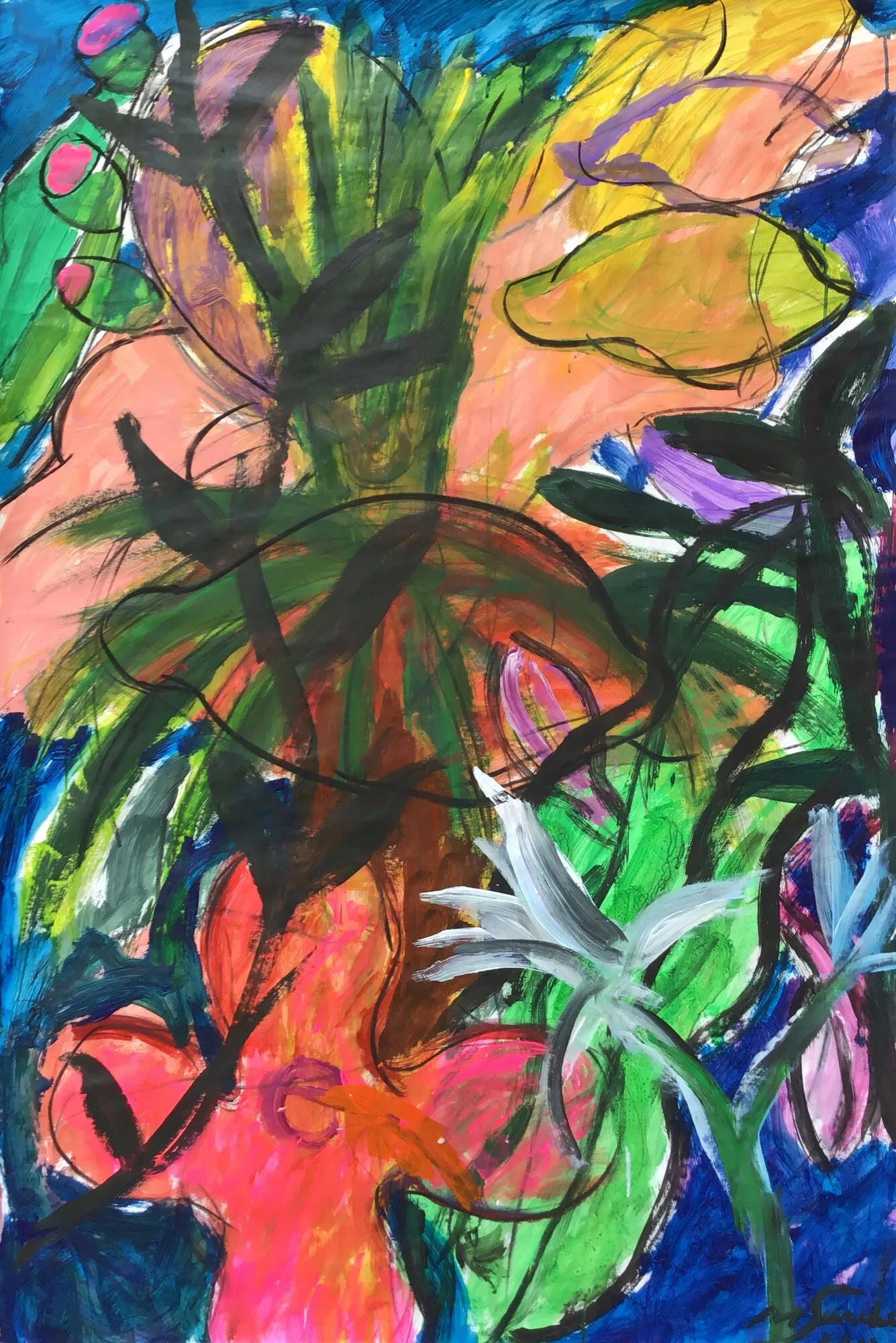 Palmes vert sombre et lys blanc devant un corps orangé, fond bleu profond et fleurs roses, peinture de Marc Sardina