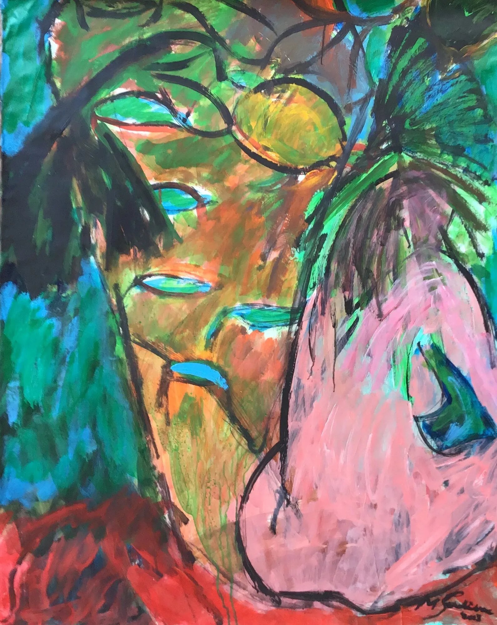 Nu féminin de dos, rose cerné de noir, devant une végétation verte et ocre aux feuilles bleues, sol rouge, peinture de Marc Sardina