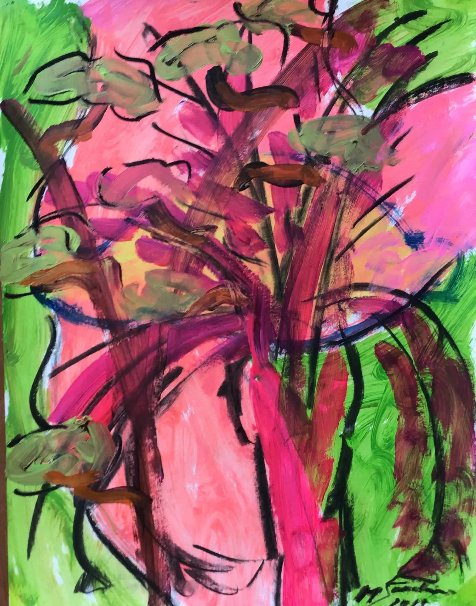 Troncs magenta et feuilles vertes devant un nu rose cerné de noir, fond rose et vert acide, peinture de Marc Sardina