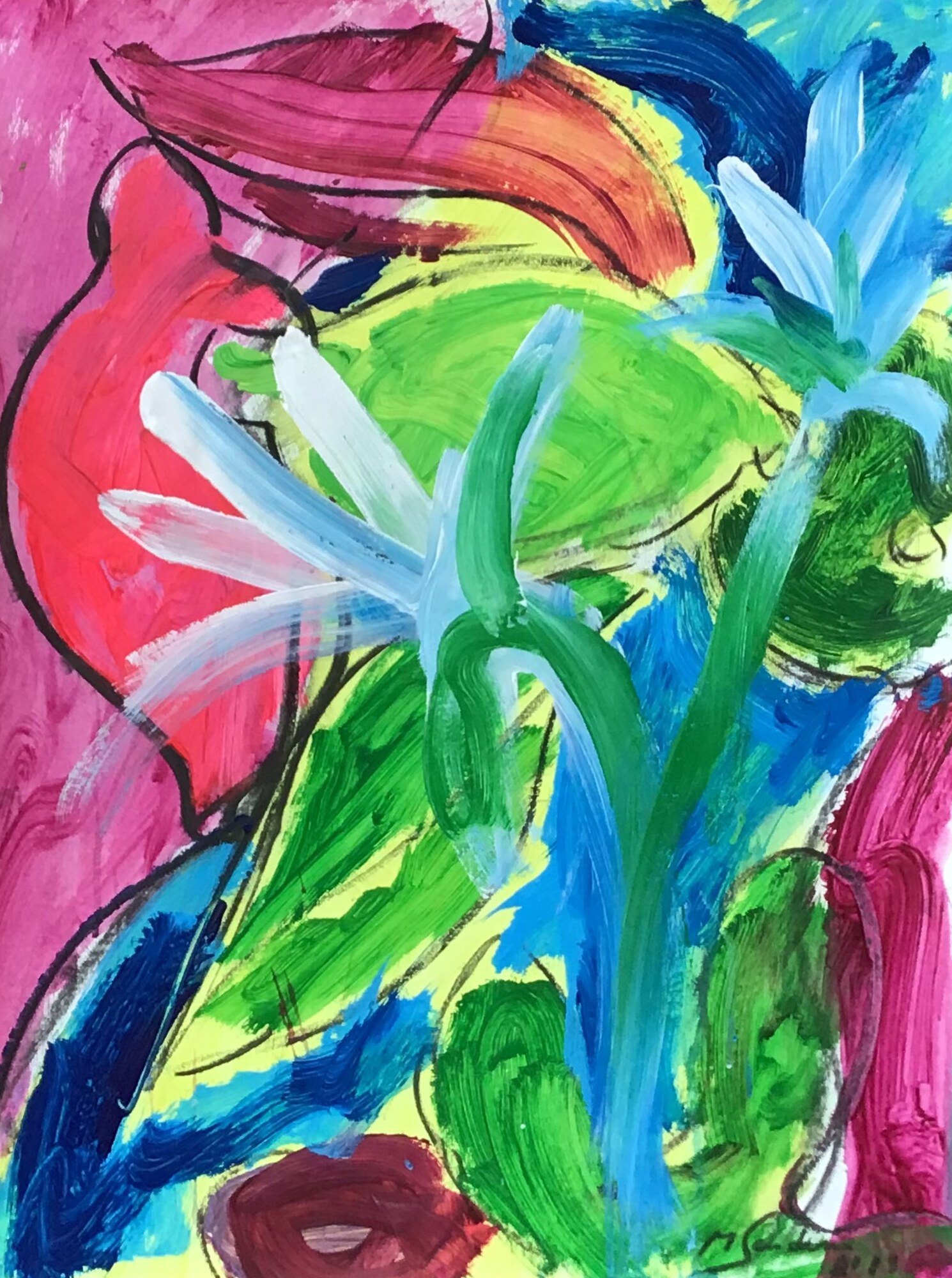 Fleur blanche aux pétales effilés sur fond rose magenta, feuilles vertes et bleues, silhouette rouge à gauche, peinture de Marc Sardina