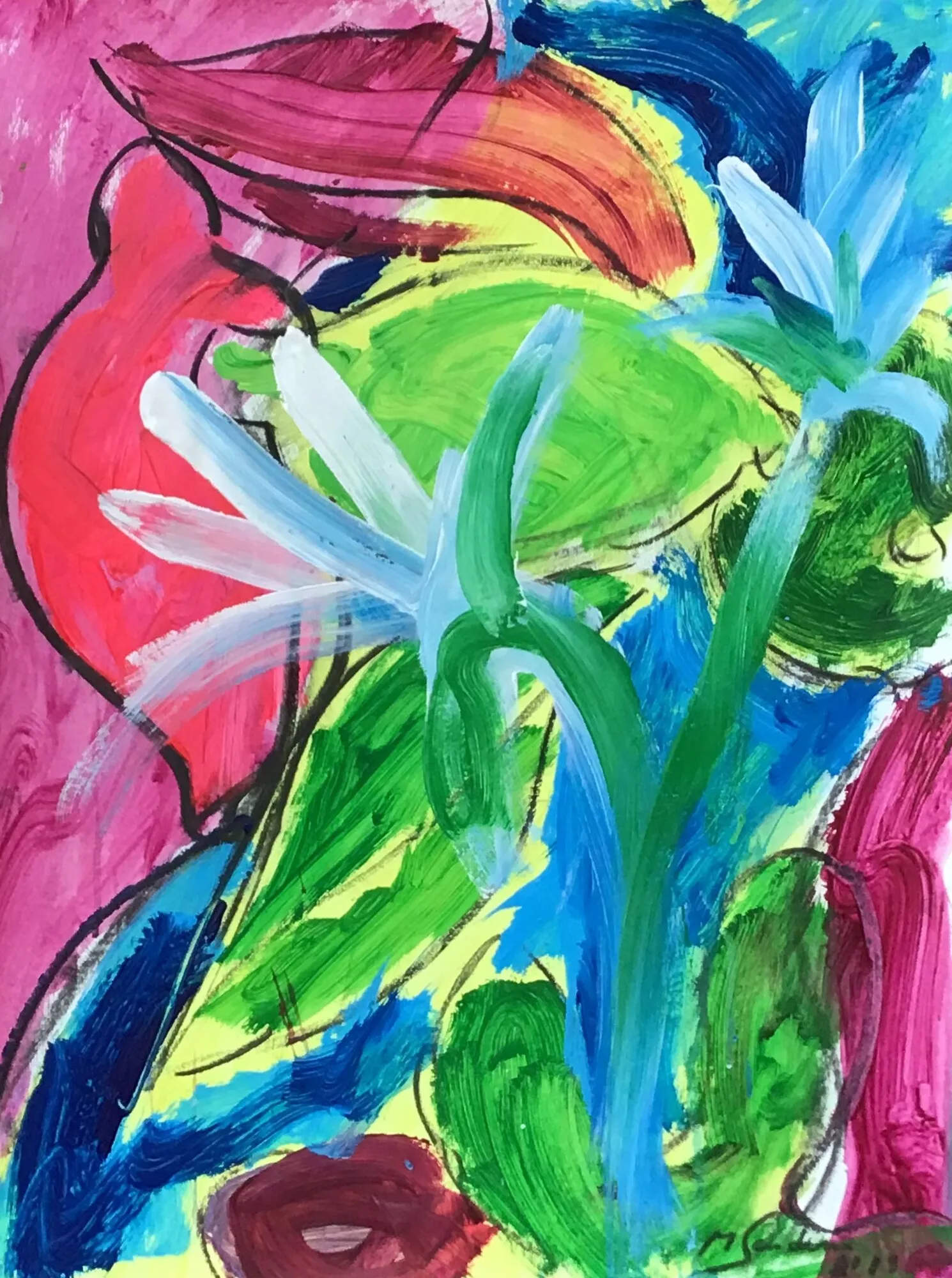 Fleur blanche aux pétales effilés sur fond rose magenta, feuilles vertes et bleues, silhouette rouge à gauche, peinture de Marc Sardina