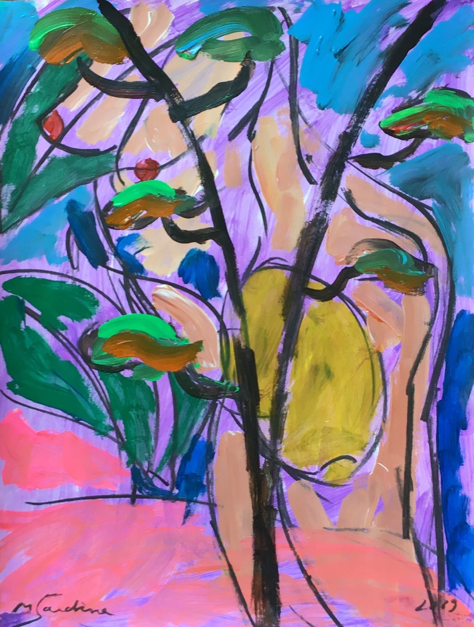 Nu féminin assis derrière des branches noires aux feuilles vertes et orange, fond mauve et bleu, sol rose, peinture de Marc Sardina