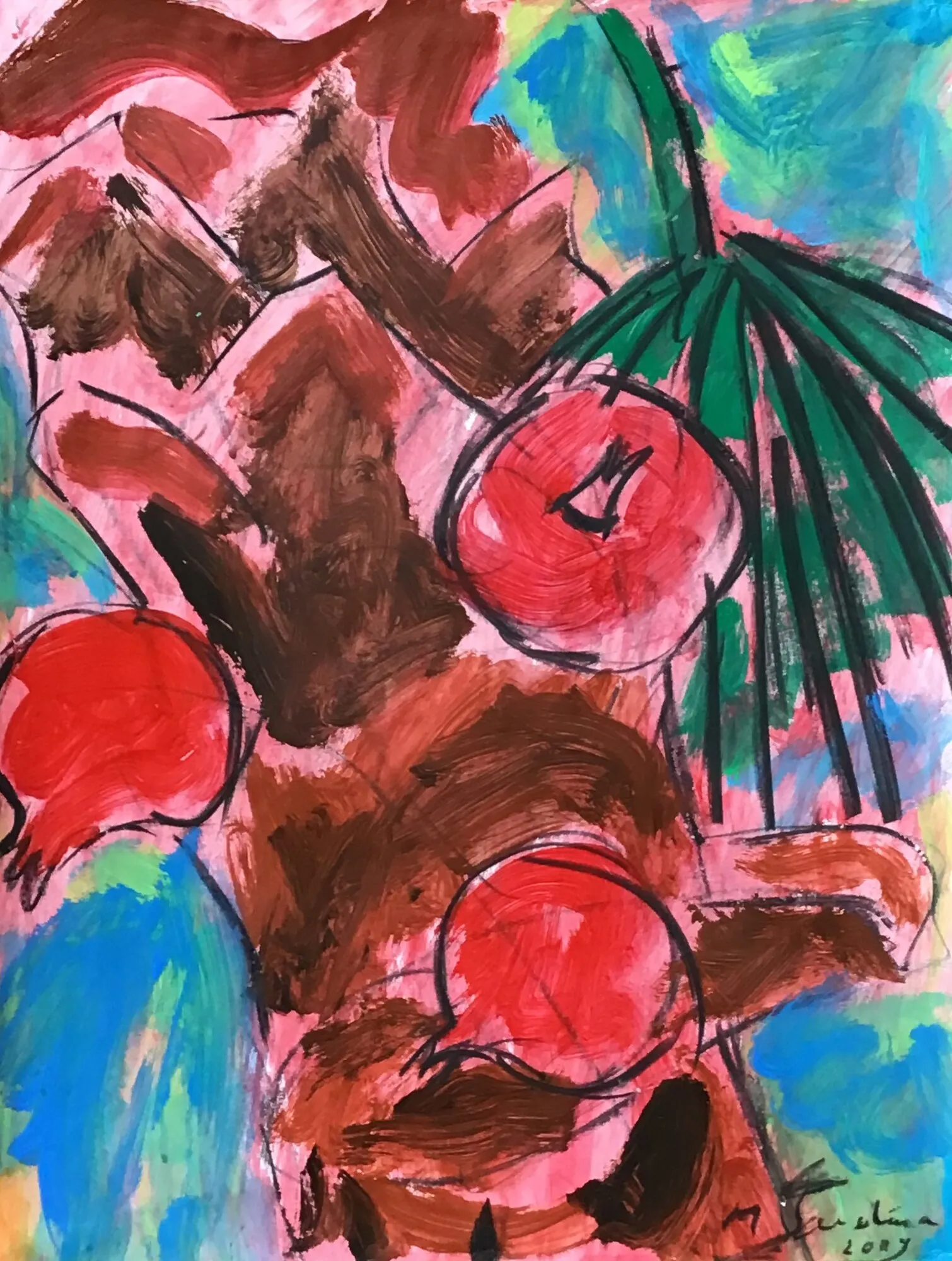 Trois fruits rouges sur une forme brune sous une palme verte, fond rose et bleu, peinture de Marc Sardina