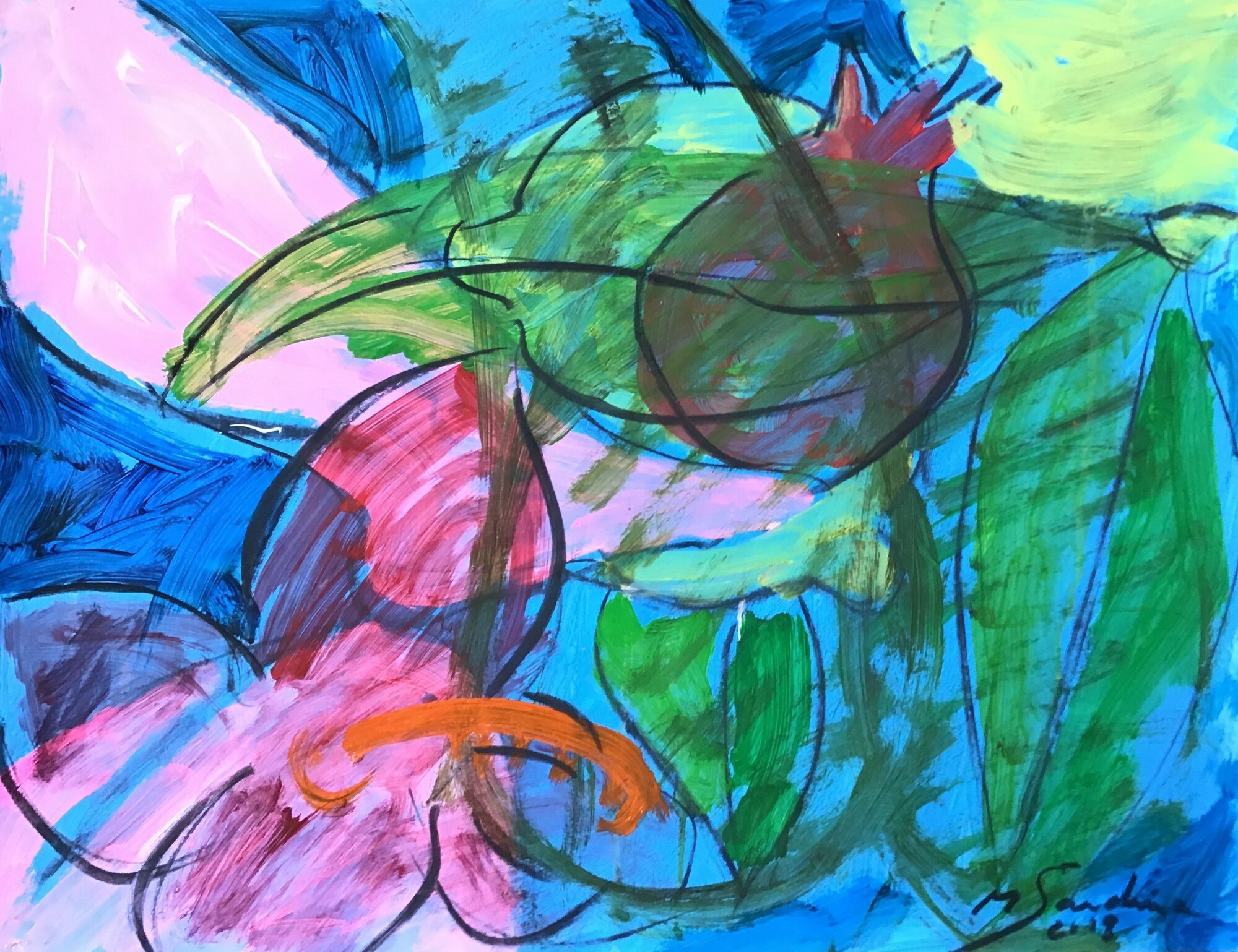 Feuilles vertes et bleues, forme rose carmin et fleur orange sur fond bleu outremer et ciel rose, peinture de Marc Sardina