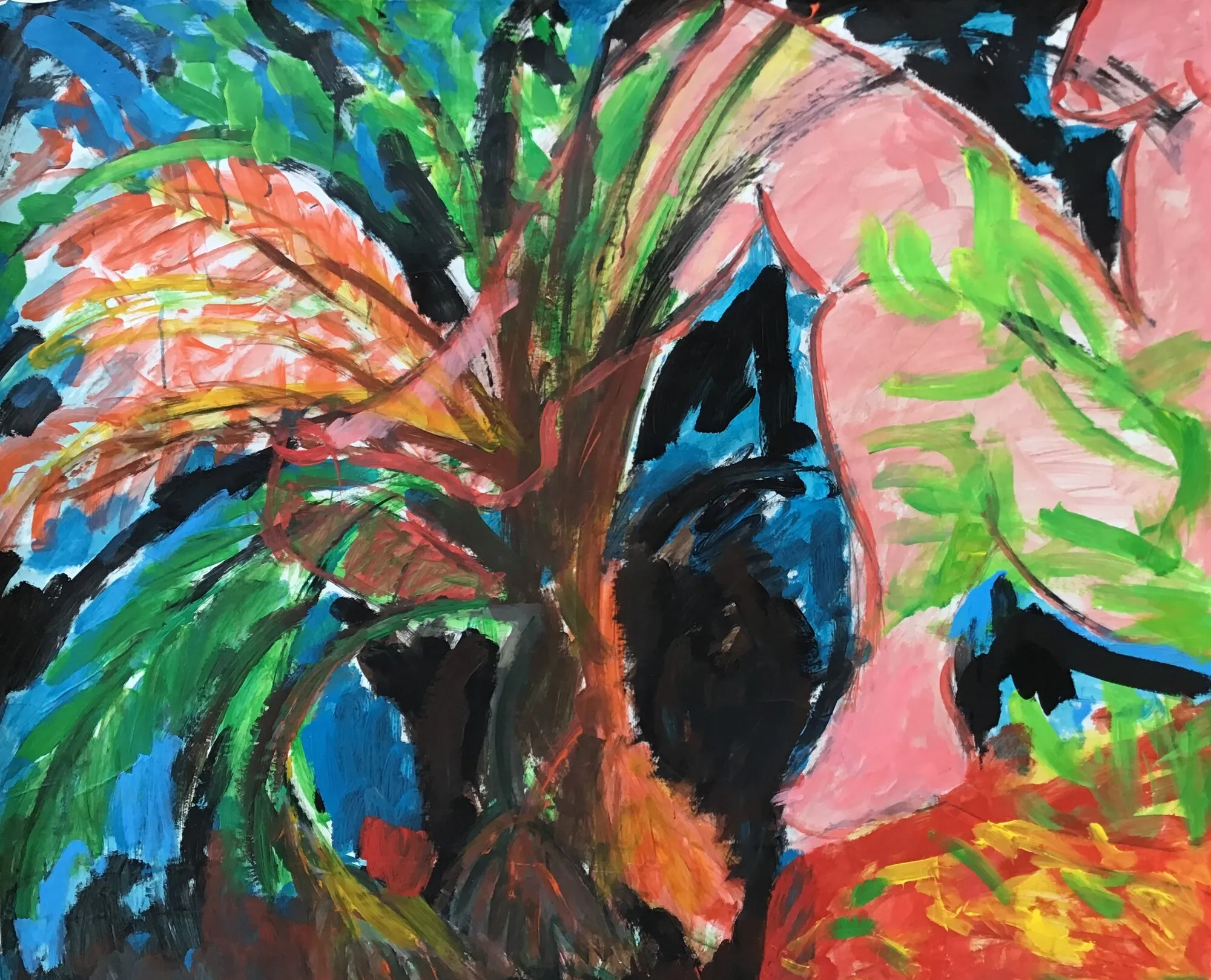 Palmier aux palmes orange et vertes sur fond bleu, corps rose à droite, sol rouge et jaune, peinture de Marc Sardina
