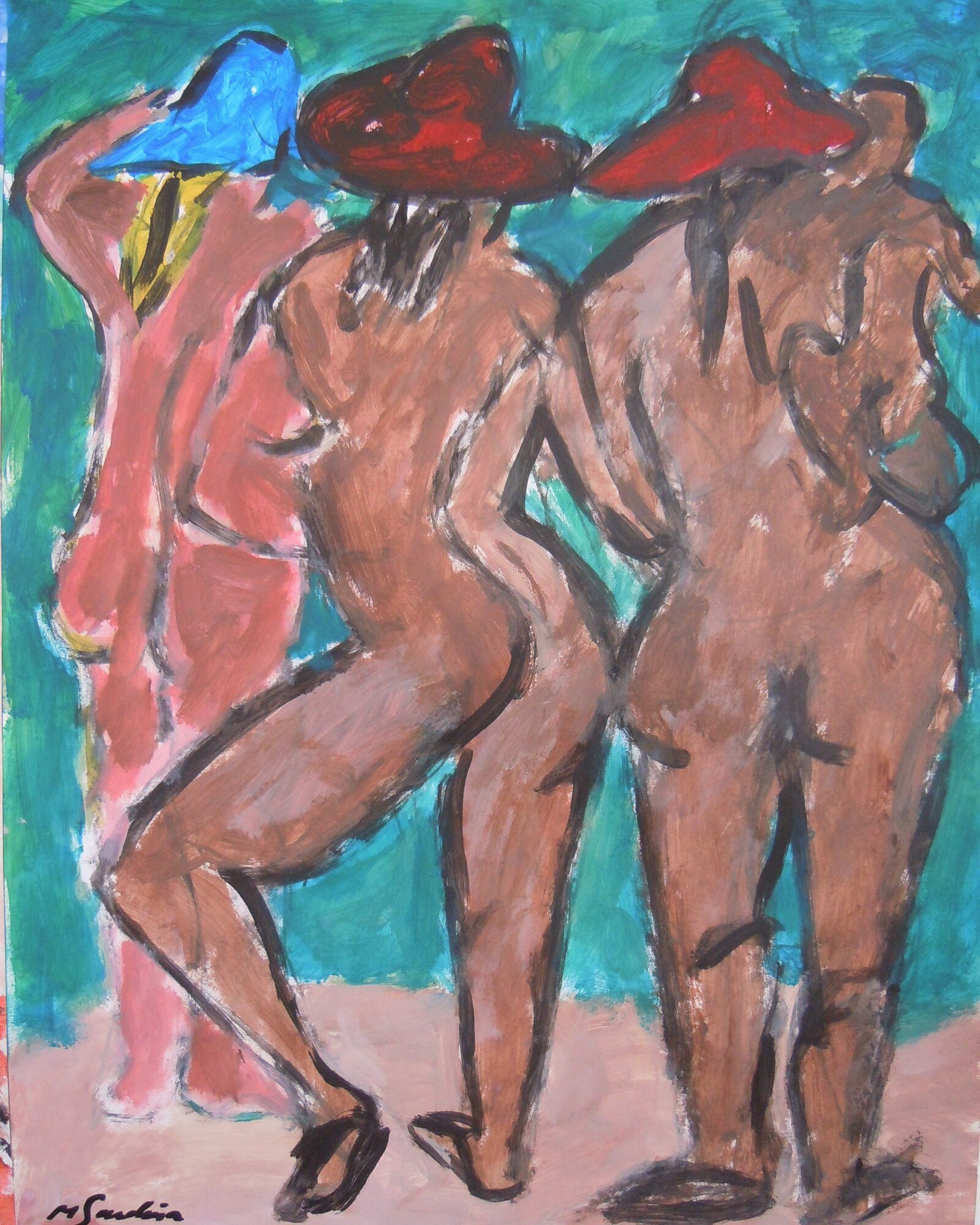 Trois femmes nues de dos aux chapeaux rouges et bleu, fond vert turquoise, sol rose, peinture de Marc Sardina