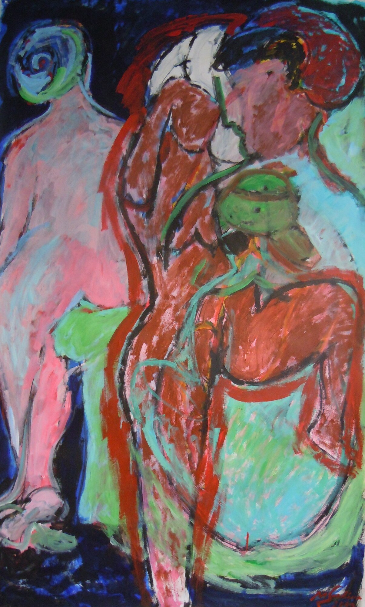 Trois odalisques nues aux turbans vert et blanc sur fond bleu nuit, corps rose et rouge, peinture de Marc Sardina