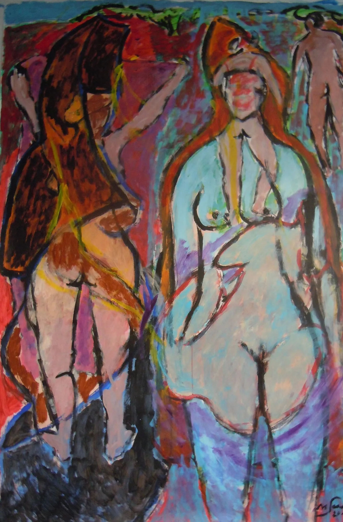 Deux odalisques nues debout, corps bleu pâle et brun, sur fond rouge et violet, peinture de Marc Sardina