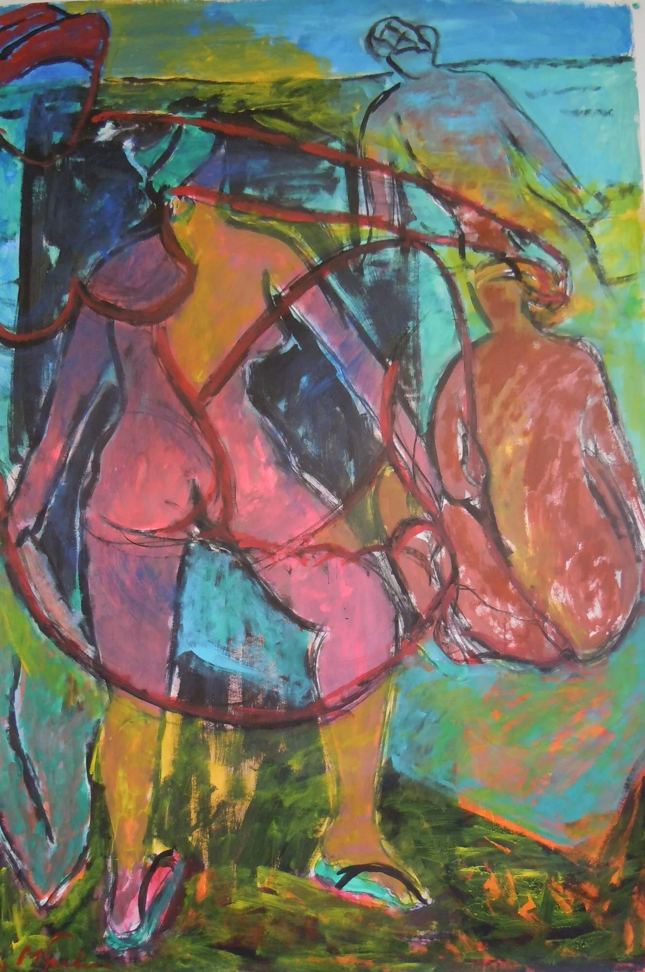 Odalisque nue rose debout dans un jardin vert et turquoise, nu rouge assis à droite, peinture de Marc Sardina