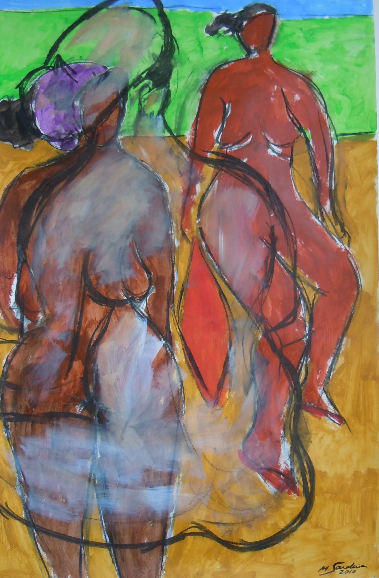 Odalisque nue de dos au turban violet et nu rouge debout sur sol ocre, bande verte et ciel bleu, peinture de Marc Sardina