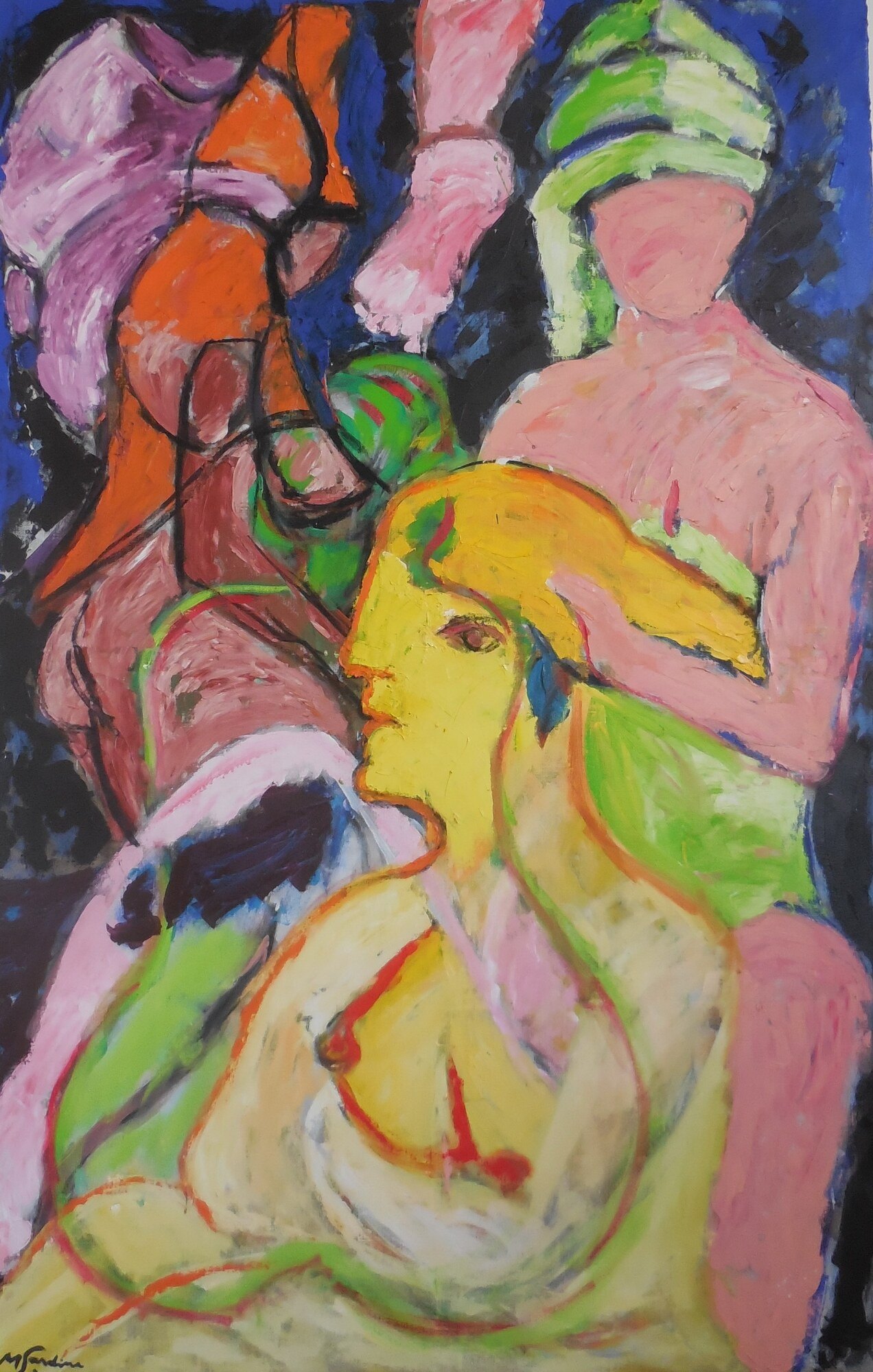 Odalisque au visage jaune de profil, nu rose au turban vert derrière elle, fond bleu profond, peinture de Marc Sardina
