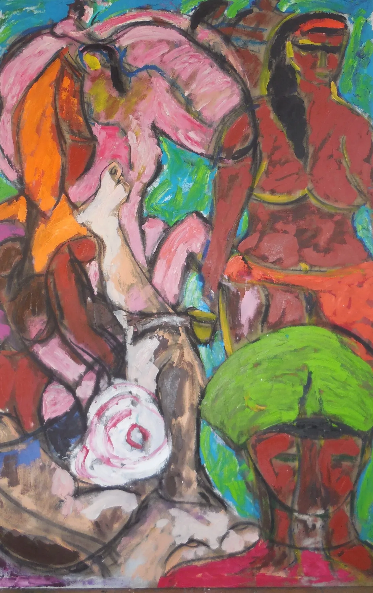 Odalisque de dos au grand turban vert devant des nus rose et rouge enchevêtrés, fond turquoise, peinture de Marc Sardina