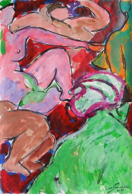 Odalisque nue rose allongée au turban violet, drap vert vif et fond rouge, peinture de Marc Sardina