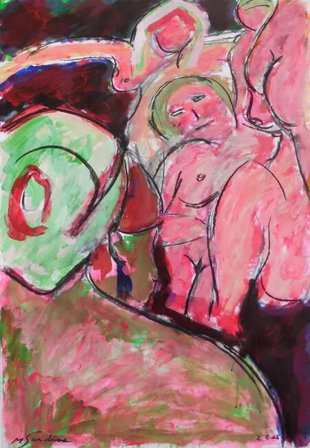 Odalisque nue rose assise bras levés, forme verte en spirale à gauche, fond grenat, peinture de Marc Sardina