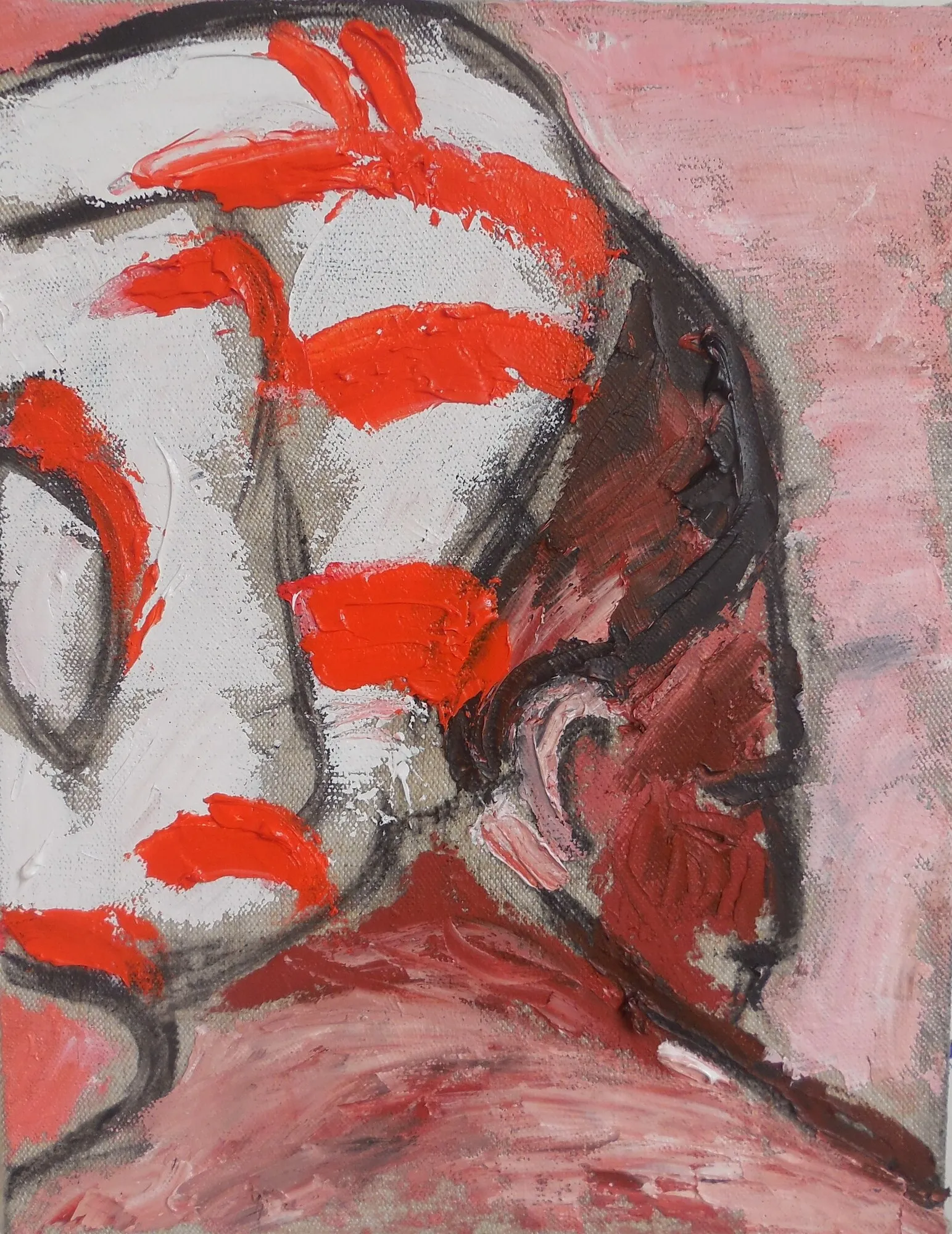 Odalisque au visage rouge sombre penché sous un turban blanc rayé de rouge, fond rose, peinture de Marc Sardina