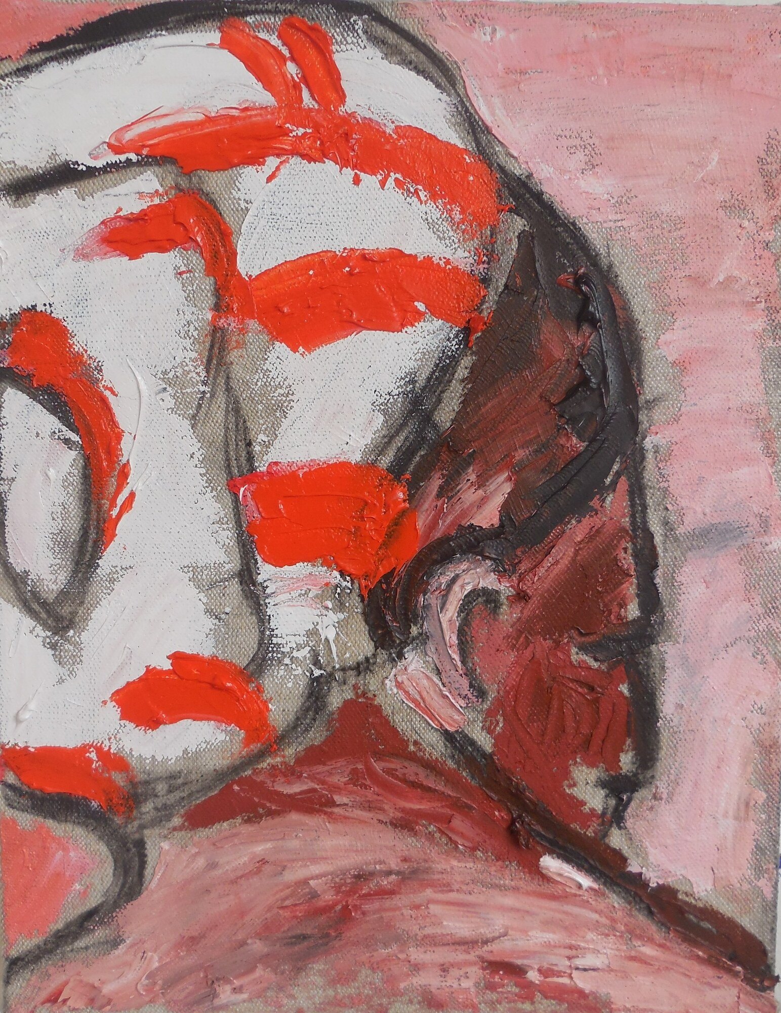Odalisque au visage rouge sombre penché sous un turban blanc rayé de rouge, fond rose, peinture de Marc Sardina