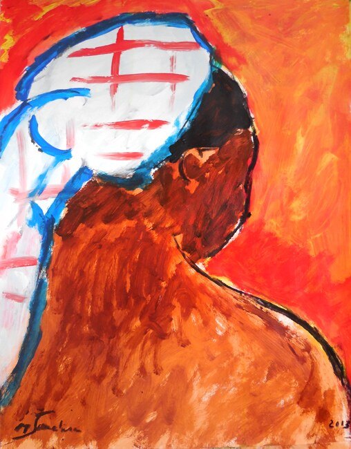 Femme brune de dos au turban blanc à croix rouges sur fond orange flamboyant, peinture de Marc Sardina