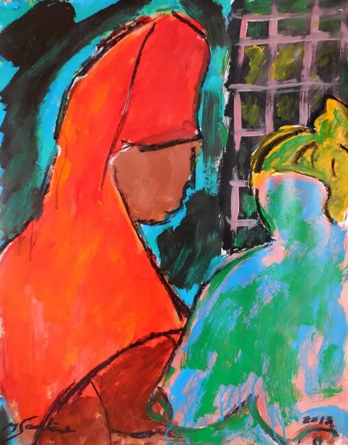 Deux femmes au turban, voile rouge orangé et turban jaune, devant une fenêtre à croisillons, fond turquoise, peinture de Marc Sardina