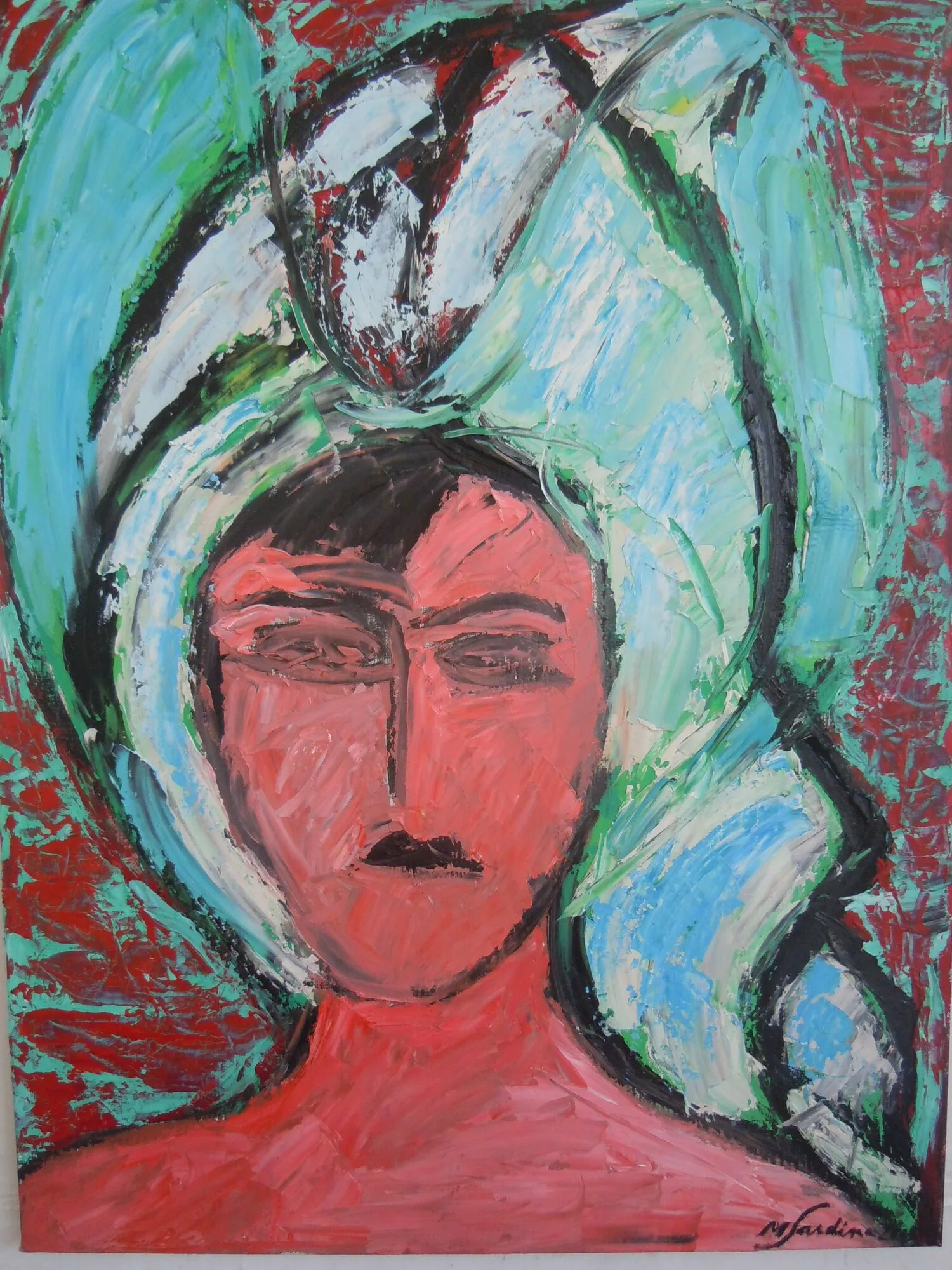 Portrait frontal d'une femme au visage rouge et au grand turban blanc et turquoise, fond grenat, peinture de Marc Sardina