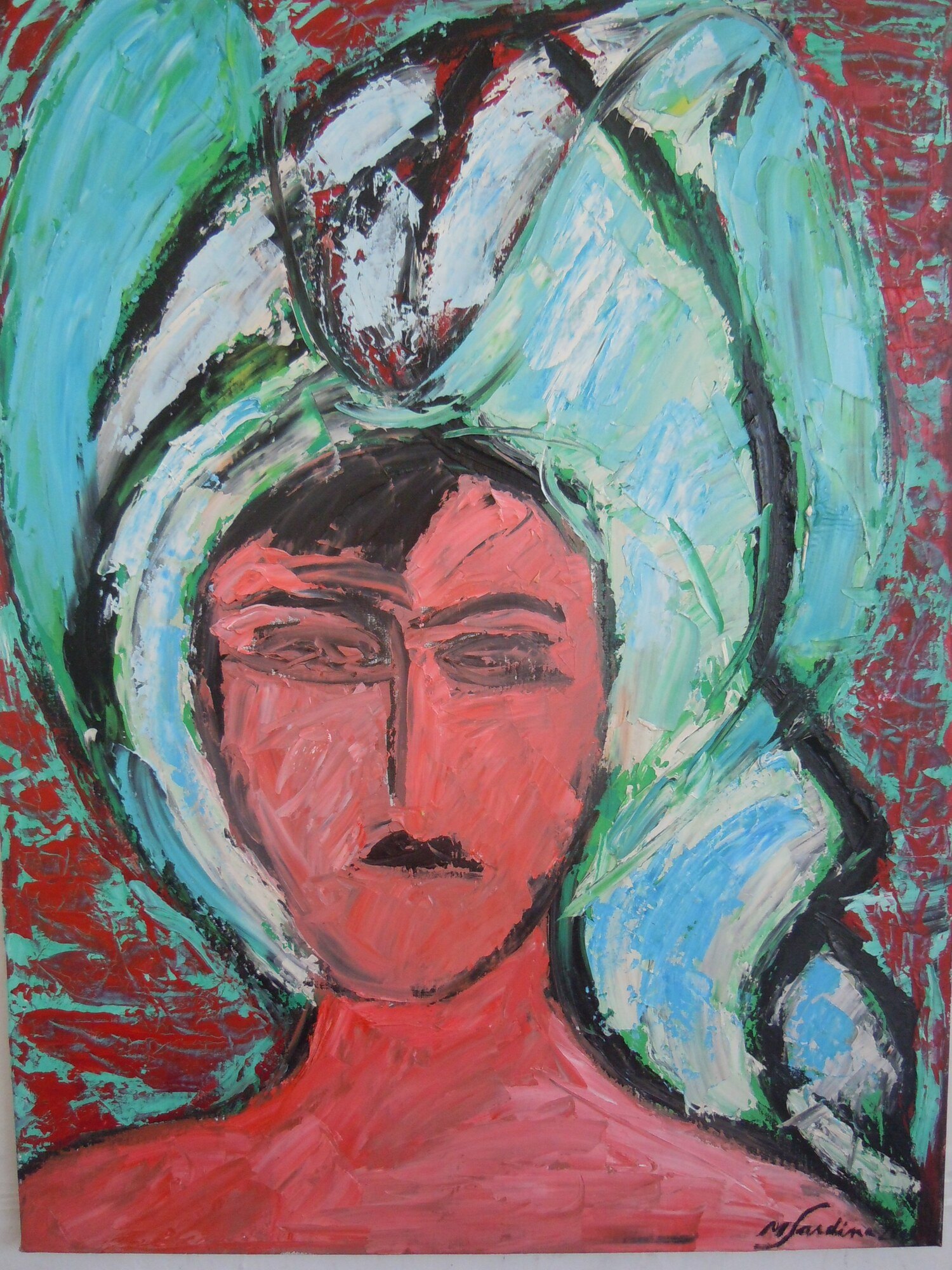Portrait frontal d'une femme au visage rouge et au grand turban blanc et turquoise, fond grenat, peinture de Marc Sardina