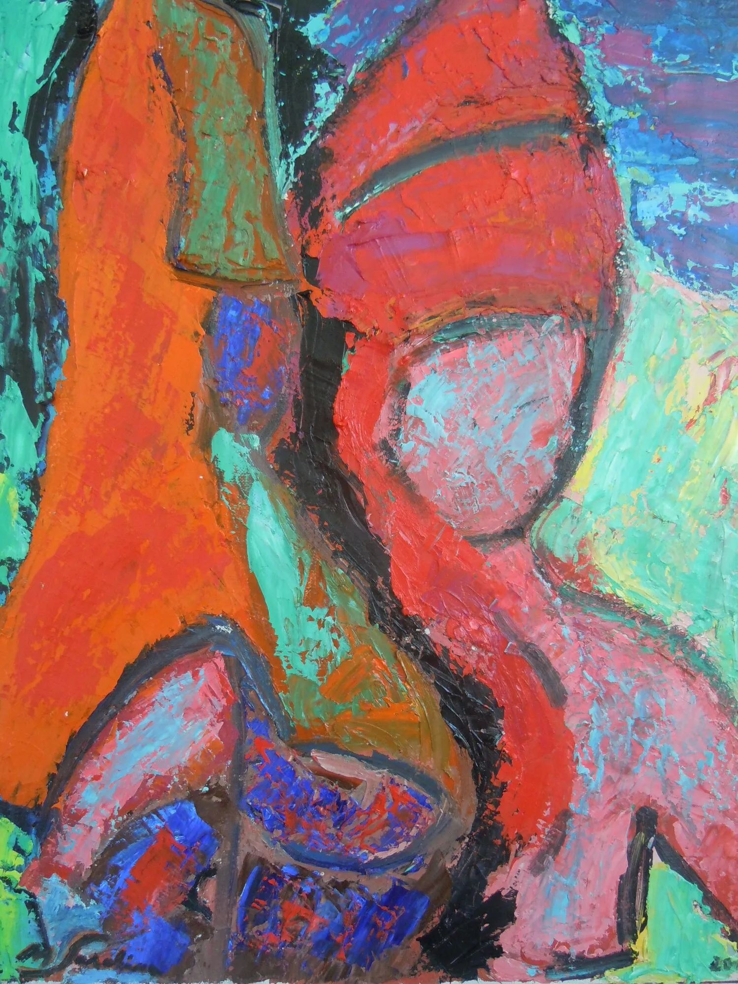 Femme au turban rouge et au buste rose, masse orange à gauche, fond vert et bleu en pâte épaisse, peinture de Marc Sardina