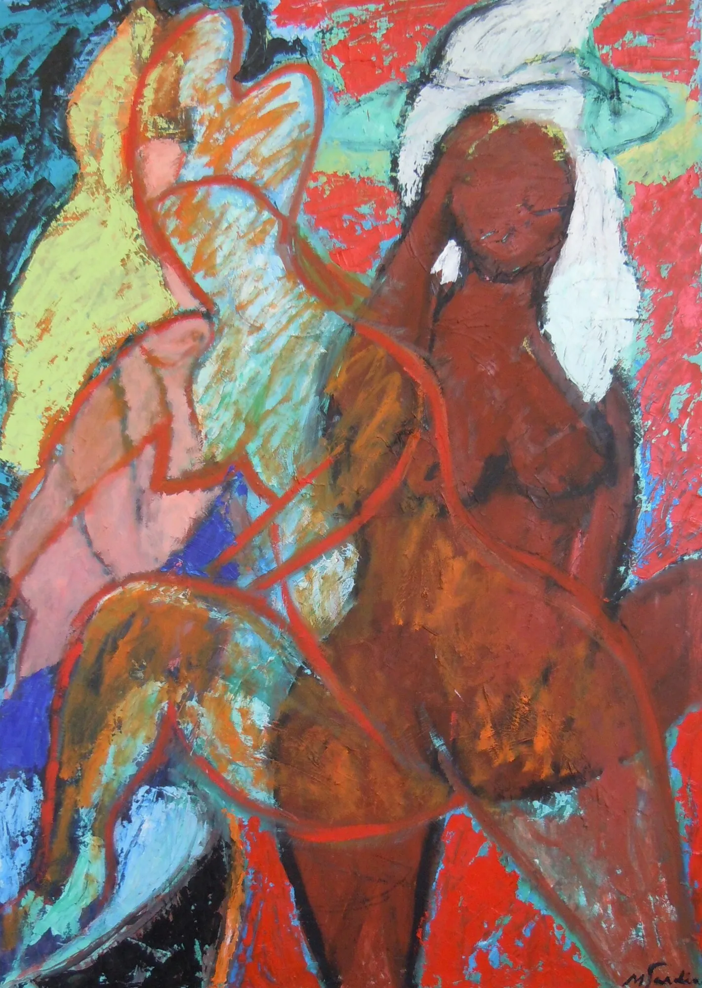 Deux odalisques nues, l'une brun rouge au turban blanc, l'autre rose, sur fond rouge vif et turquoise, peinture de Marc Sardina