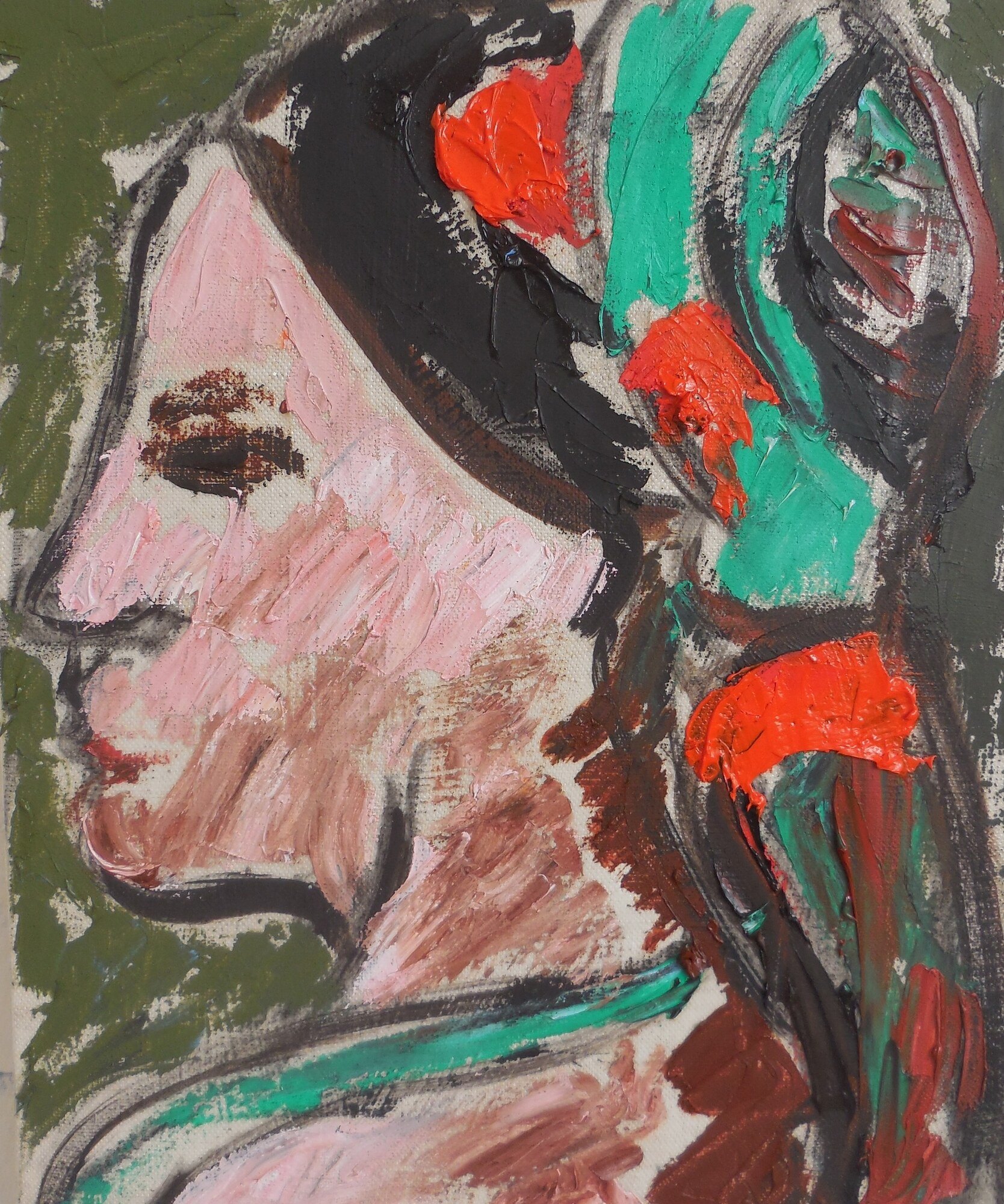 Profil d'une femme rose au turban vert et orange sur fond vert olive, peinture de Marc Sardina